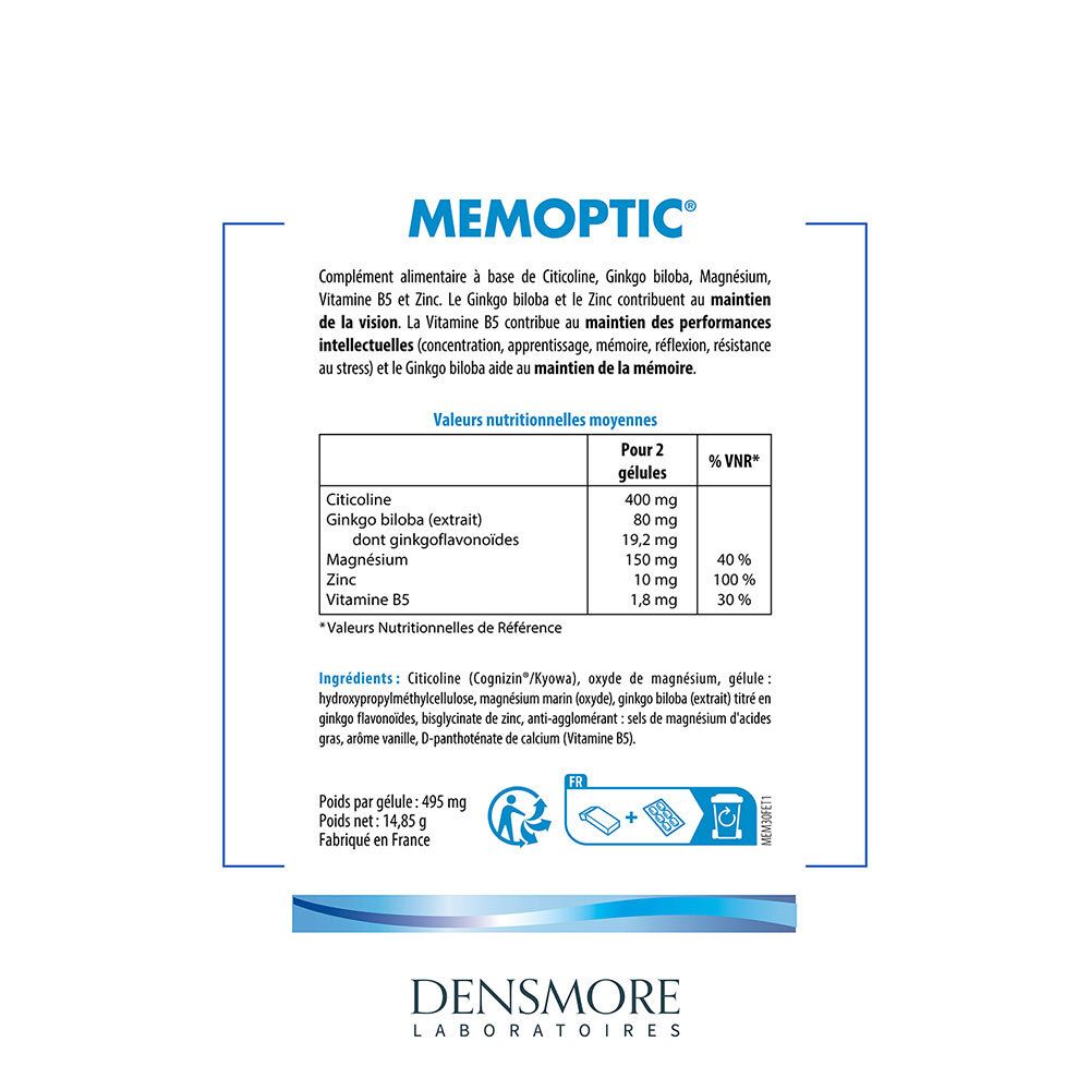 Boîte Memoptic®. Informations nutritionnelles pour 2 gélules. Ingrédients : Citicoline, Ginkgo biloba, magnésium, zinc, vitamine B5.