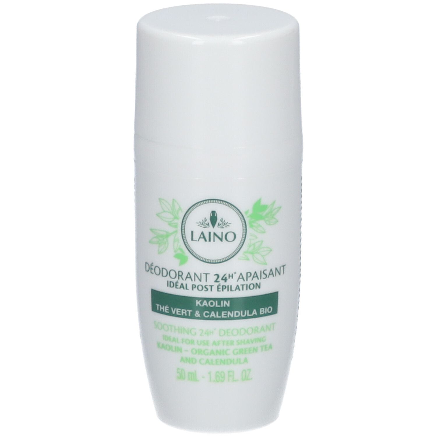 Witte roll-on deodorant met groene accenten. Opschrift: LAINO, Déodorant 24H Apaisant, Kaolin, Thé vert & Calendula BIO.