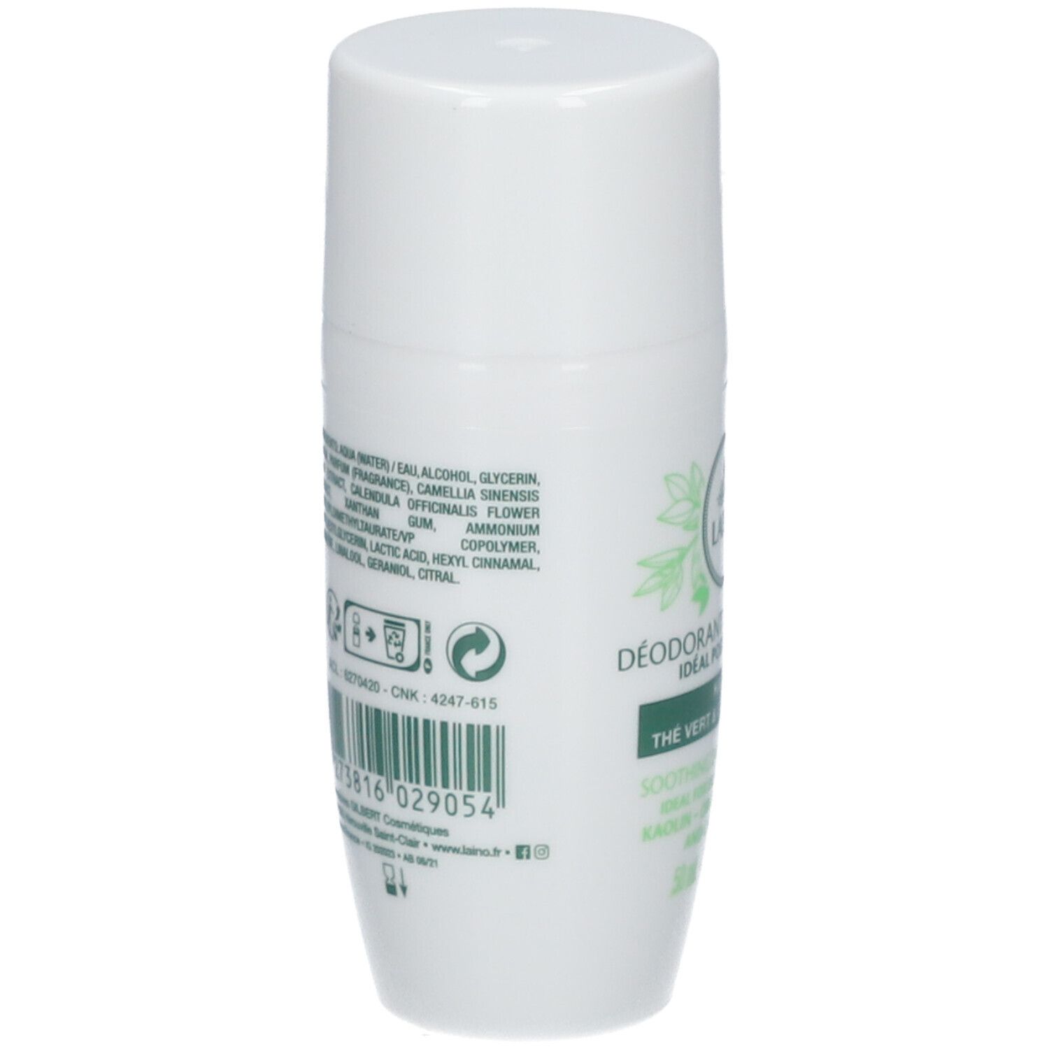 Achterkant van een witte roll-on deodorant. Tekst met ingrediënten en informatie. Groene sticker met barcode.