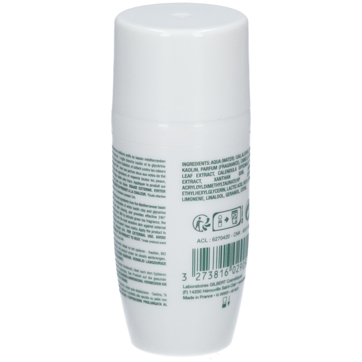 Achterkant van een witte roll-on deodorant. Tekst met ingrediënten en informatie. Barcode en productiedetails.