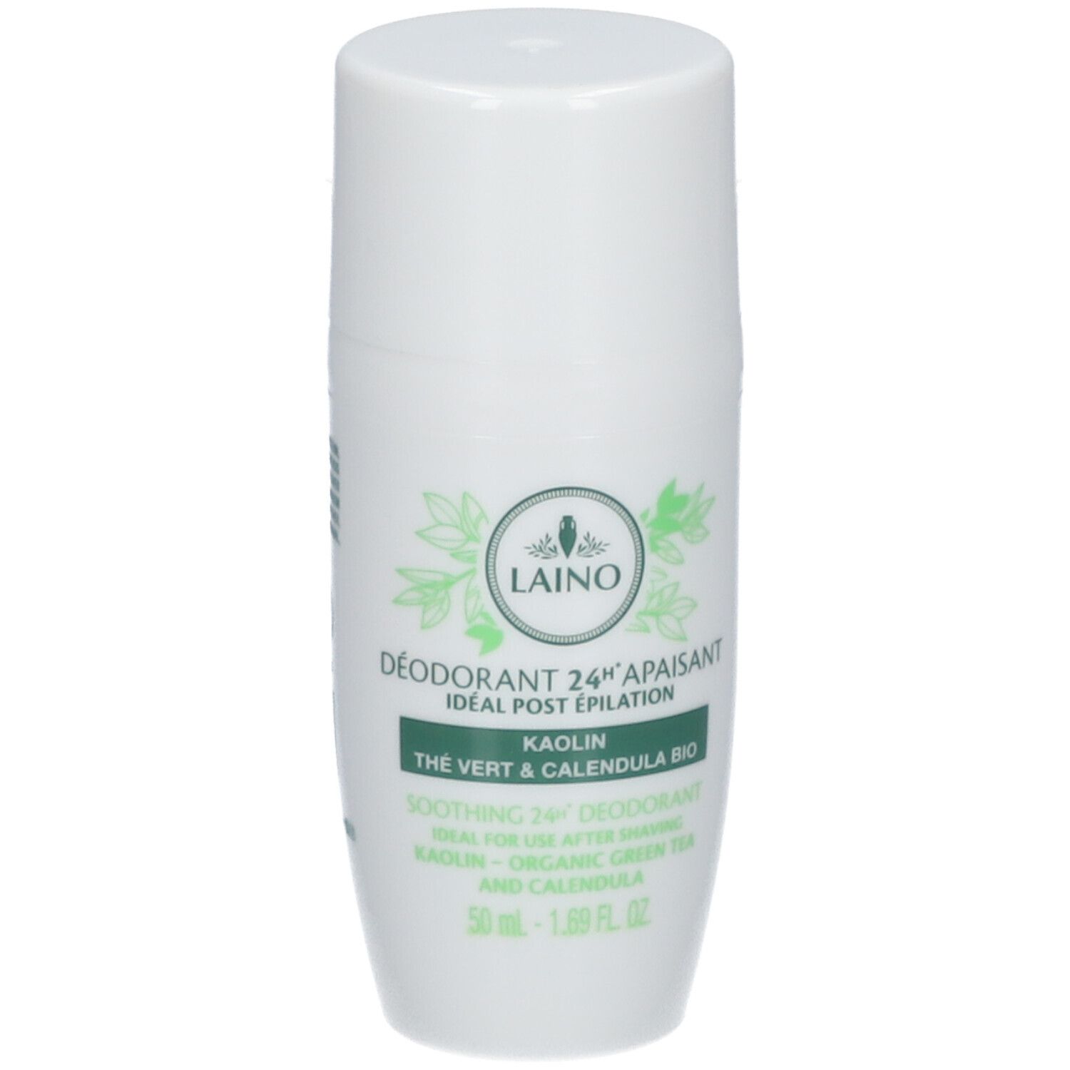 Witte roll-on deodorant met groene accenten. Opschrift: LAINO, Déodorant 24H Apaisant, Kaolin, Thé vert & Calendula BIO.