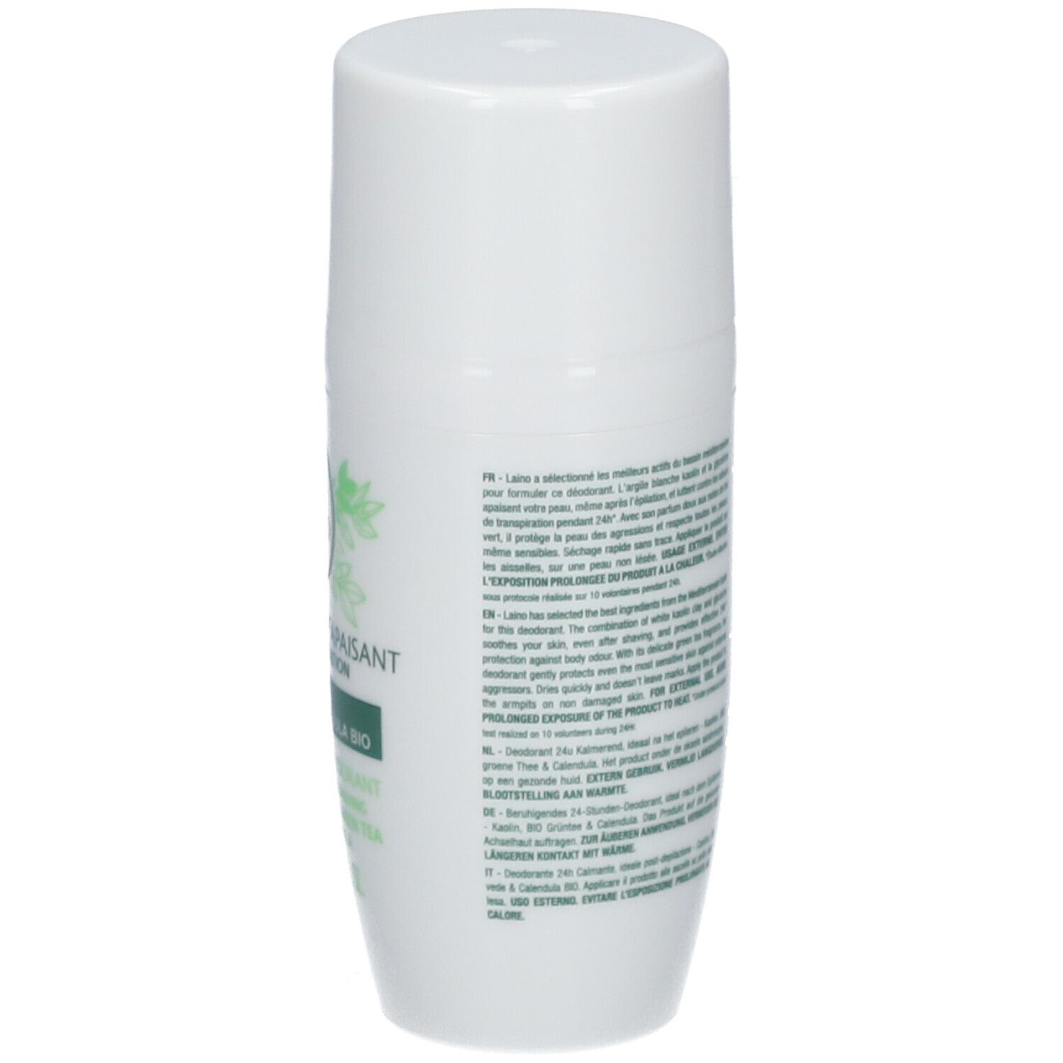 Achterkant van een witte roll-on deodorant. Tekst met instructies en informatie. Groene sticker met barcode.