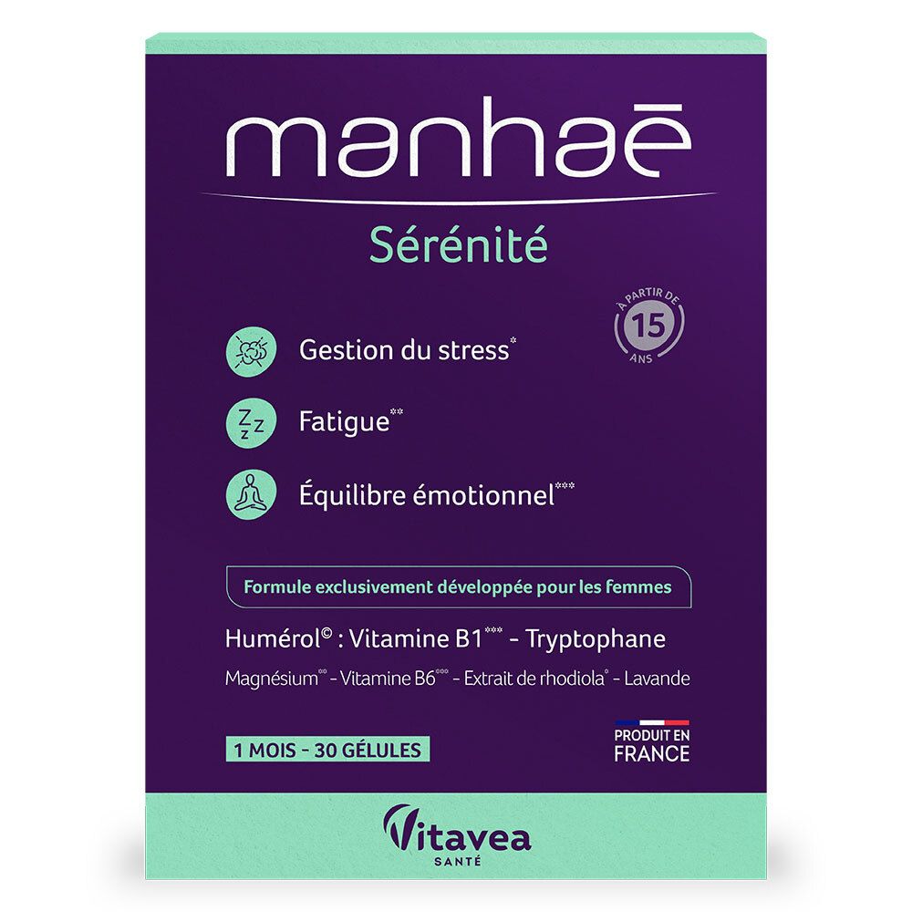 Boîte violette avec texte blanc. Contient 'manhaē Sérénité'. Indications sur le stress, la fatigue et l'équilibre émotionnel. '1 mois - 30 gélules'.