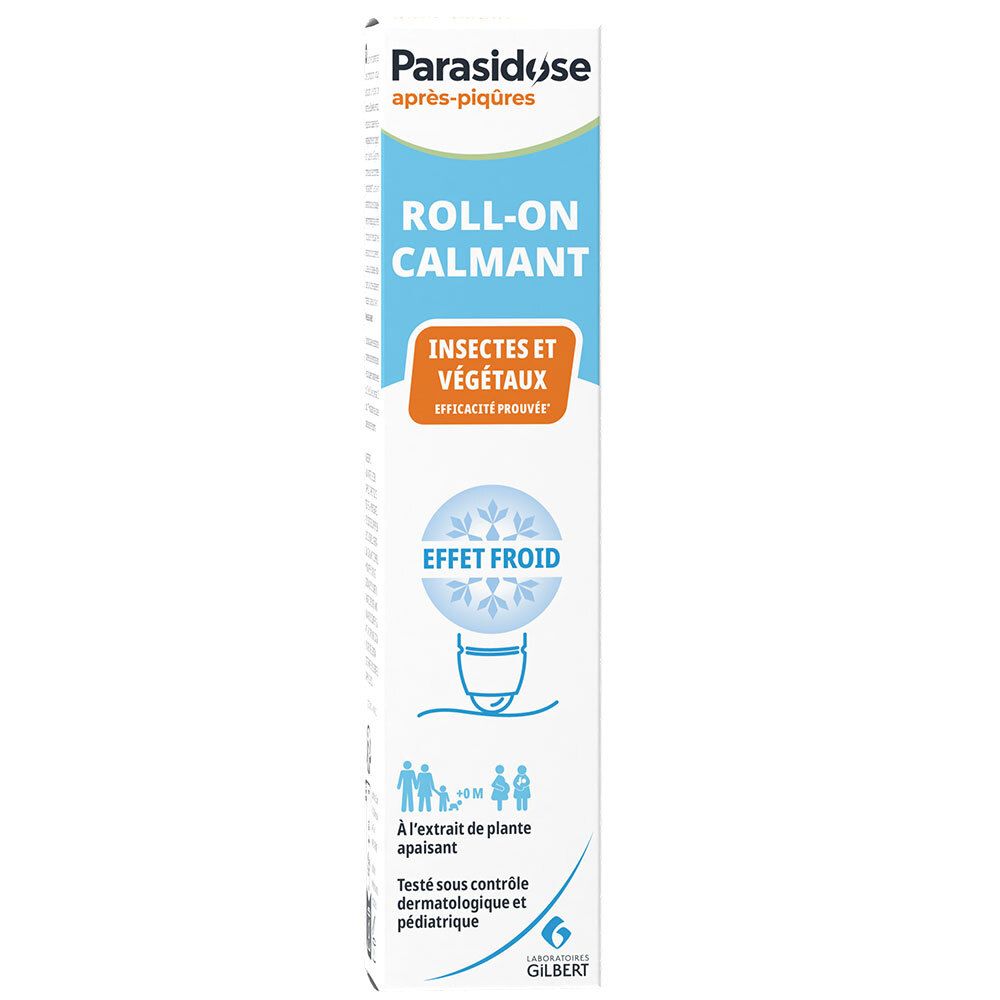 Schachtel mit Produktinformationen. Aufschrift: Parasidose après-piqûres, Roll-on calmant, Insectes et végétaux, Effet froid.