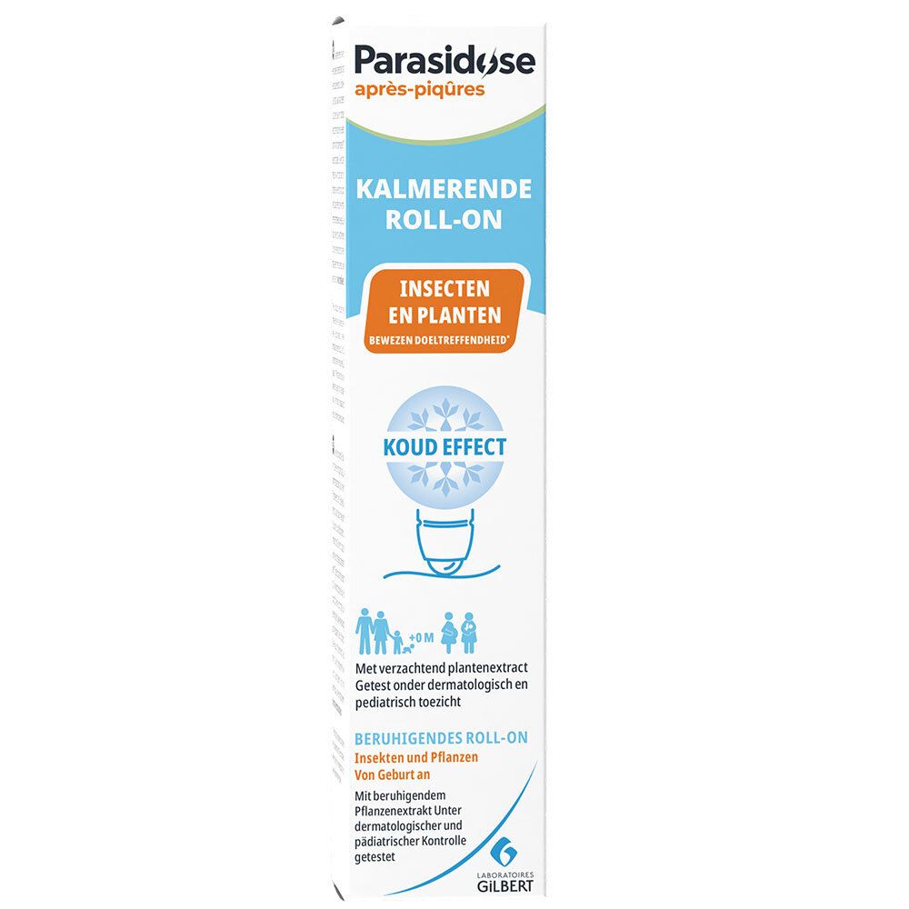 Schachtel mit Produktinformationen. Aufschrift: Parasidose après-piqûres, Kalmerende Roll-on, Insecten en planten, Koud effect.
