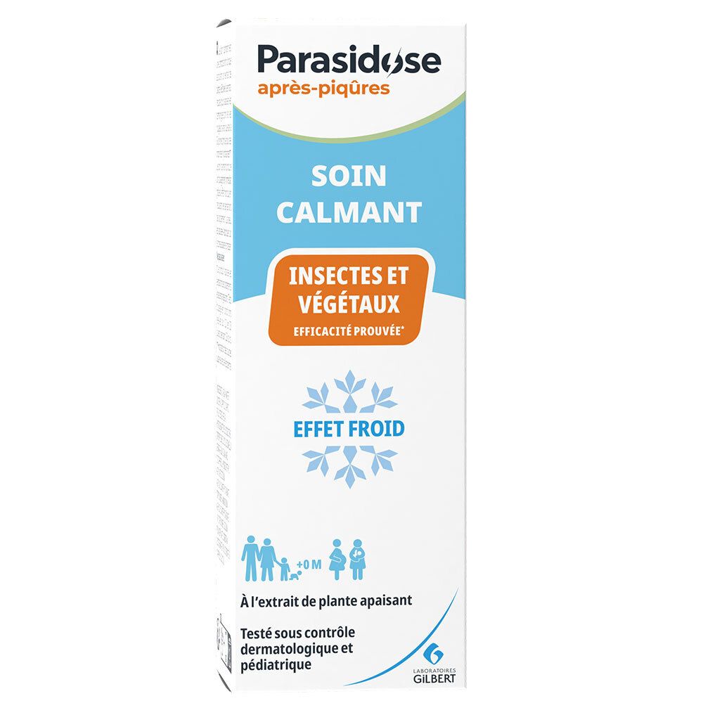 Witte verpakking met productinformatie. Opschrift: Parasidose après-piqûres, Soin calmant, Insectes et végétaux, Effet froid.