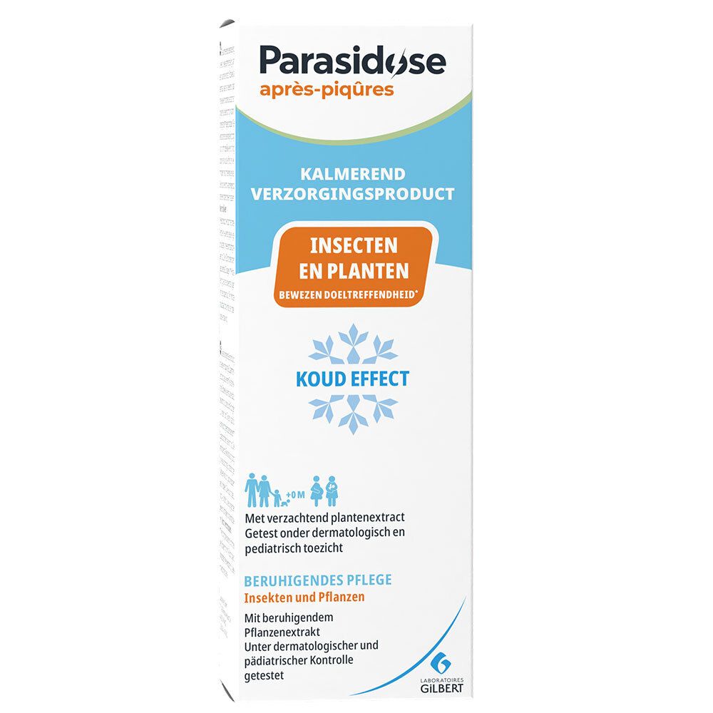 Verpakking met productinformatie. Opschrift: Kalmerend verzorgingsproduct, Insecten en planten, Koud effect, getest onder dermatologisch toezicht.