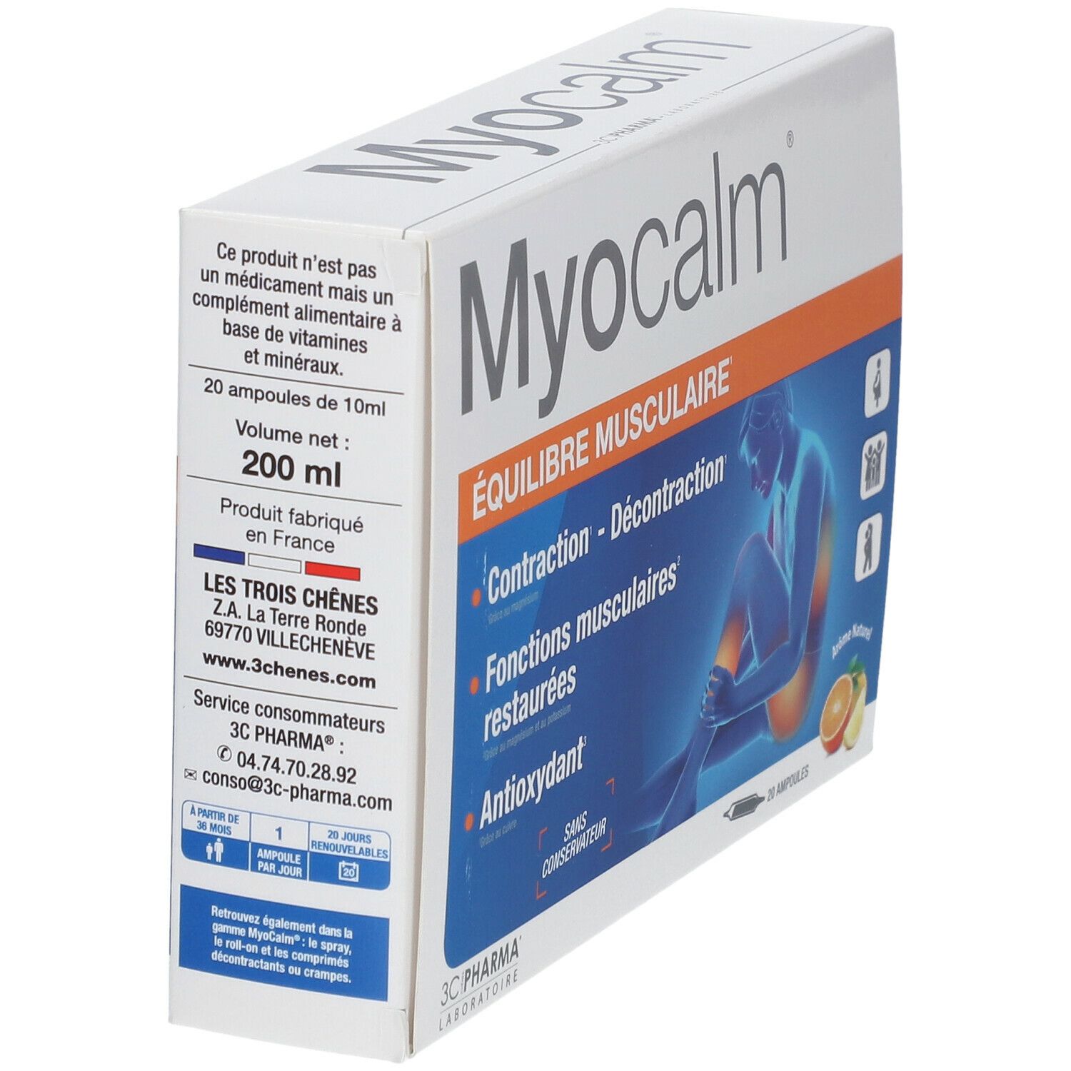 Myocalm-Schachtel. Aufschrift: Équilibre musculaire, 20 Ampullen. 200 ml. Hergestellt in Frankreich. Mit Vitaminen und Mineralien.