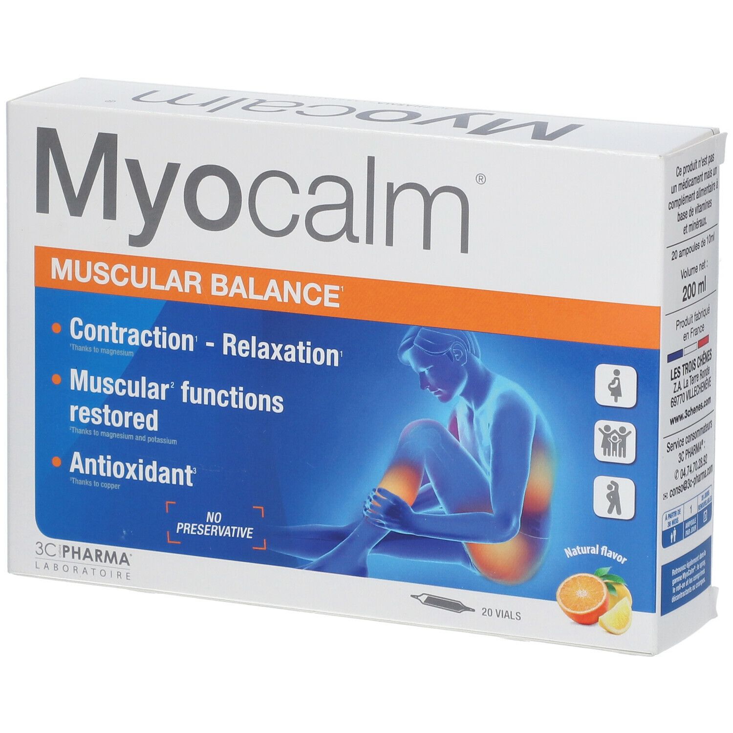 Myocalm-Schachtel. Aufschrift: MUSCULAR BALANCE, 20 Vials. Enthält Antioxidantien. Mit Illustration einer Person mit Schmerzen.