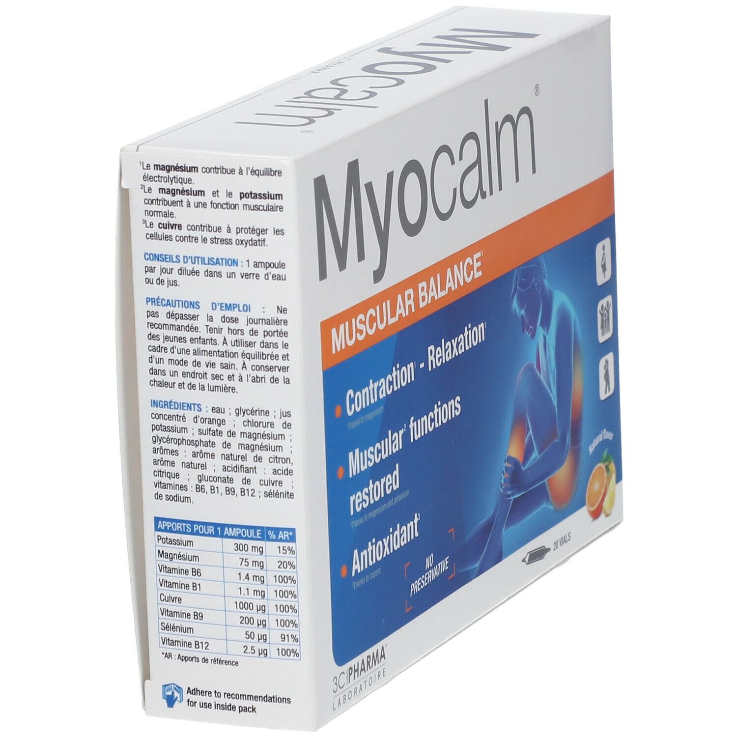Myocalm-Schachtel. Aufschrift: MUSCULAR BALANCE. Enthält Magnesium, Kalium, Kupfer. Inhaltsstoffe und Nährwertangaben.