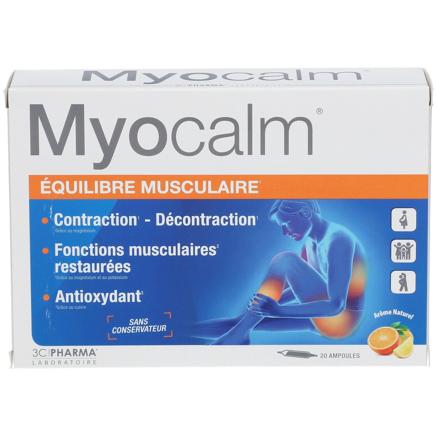 Myocalm-Schachtel. Aufschrift: Équilibre musculaire, 20 Ampullen. Abbildung einer Person mit Schmerzen im Bein. Ohne Konservierungsstoffe.