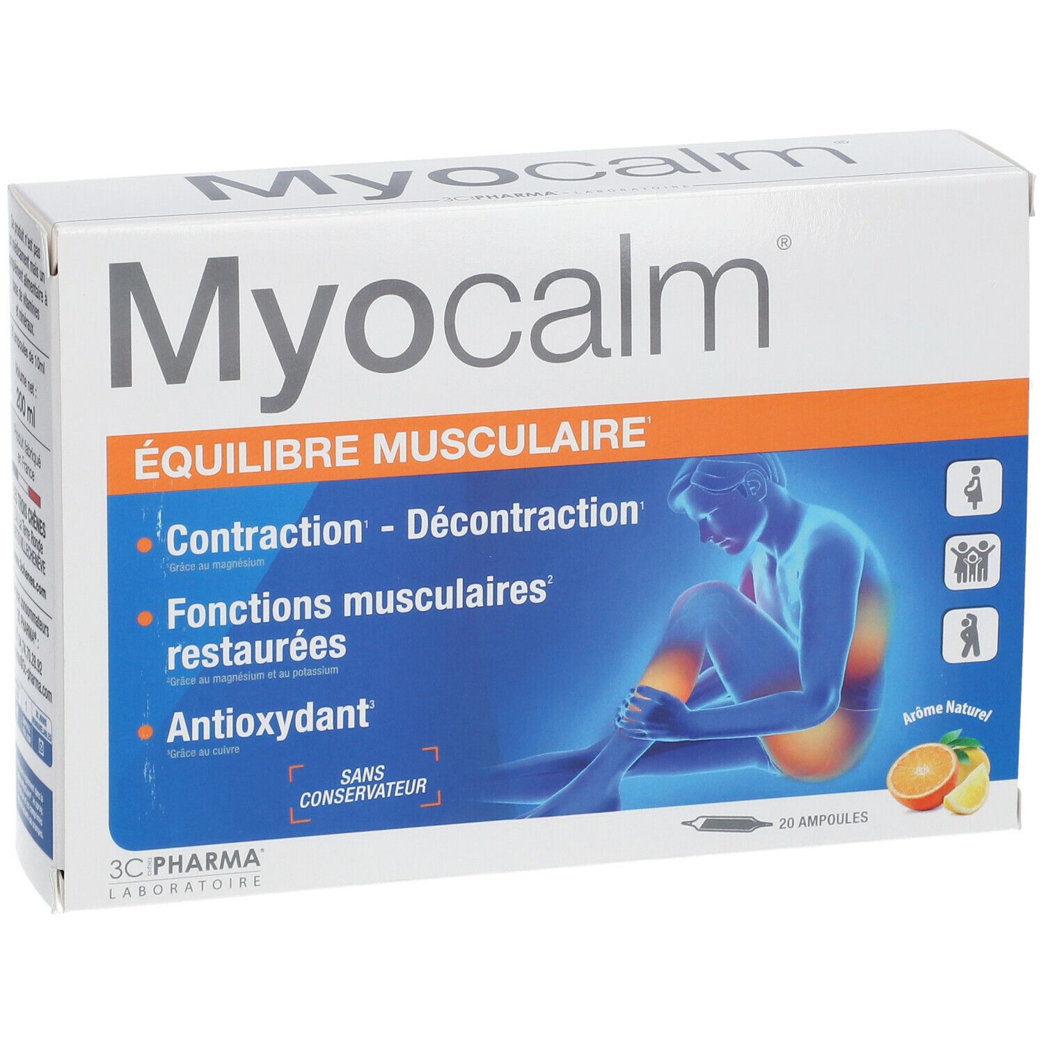 Myocalm-Schachtel. Aufschrift: Équilibre musculaire, 20 Ampullen. Abbildung einer Person mit Schmerzen im Bein. Ohne Konservierungsstoffe.