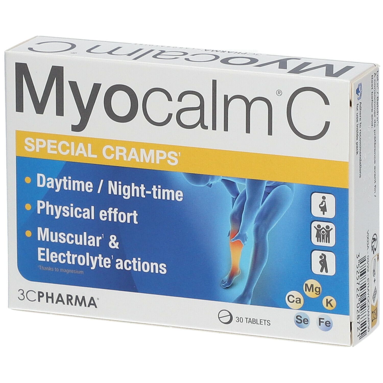 Schachtel Myocalm C. Aufschrift 'Spécial Crampes'. Enthält 30 Tabletten. Auflistung von Vorteilen. Abbildung einer Person mit Beinbeschwerden.