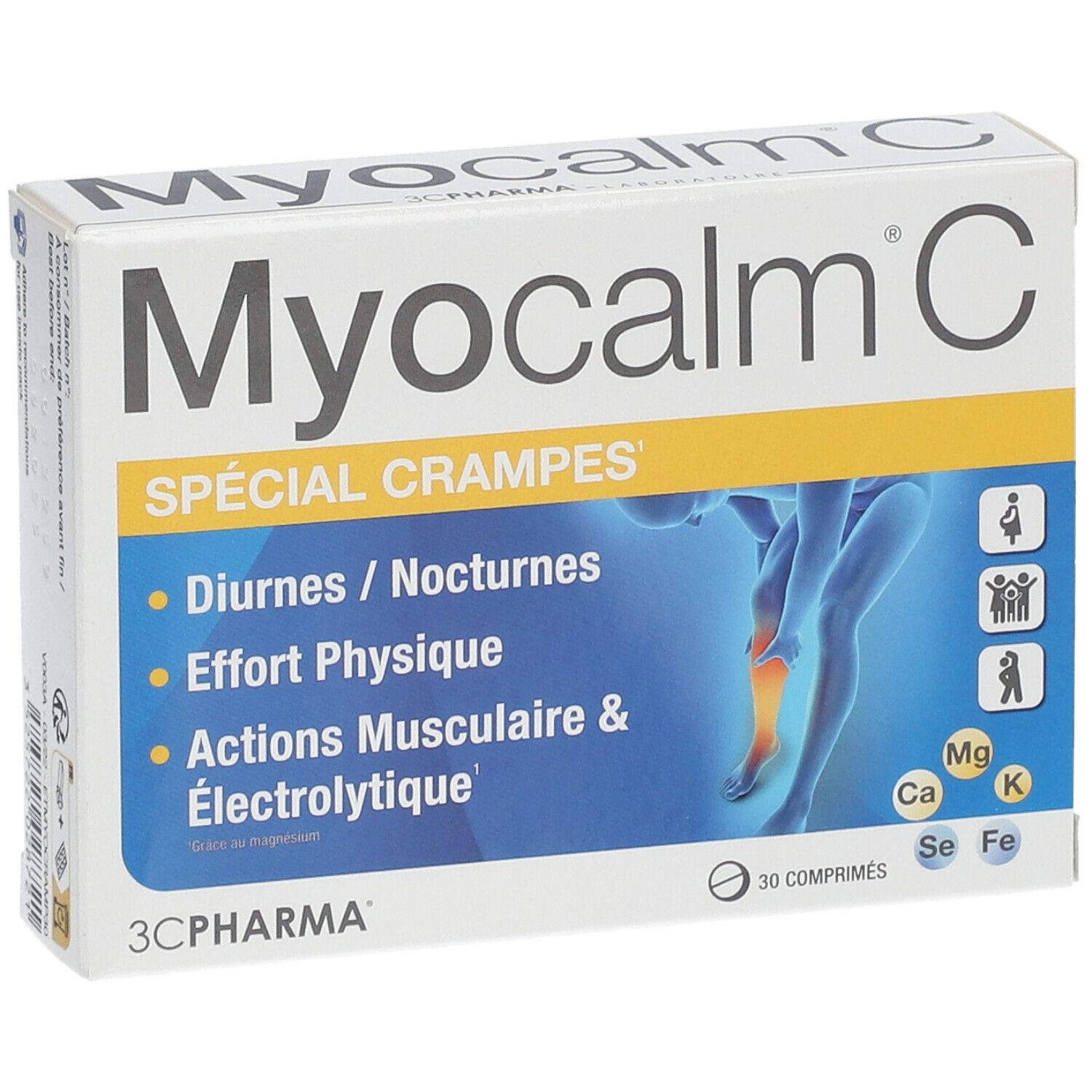 Schachtel Myocalm C. Aufschrift 'Spécial Crampes'. Enthält 30 Tabletten. Auflistung von Vorteilen. Abbildung einer Person mit Beinbeschwerden.