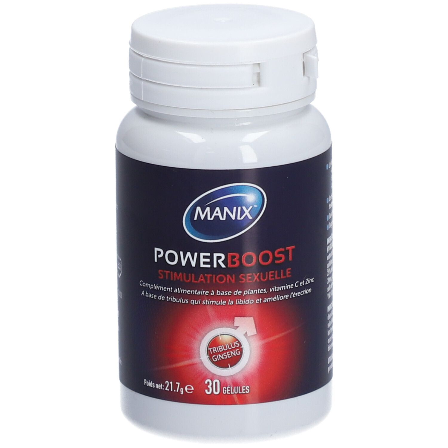 Flacon blanc MANIX POWER BOOST. Inscription: STIMULATION SEXUELLE. 30 gélules. Contient Tribulus, Ginseng, vitamine C et zinc.
