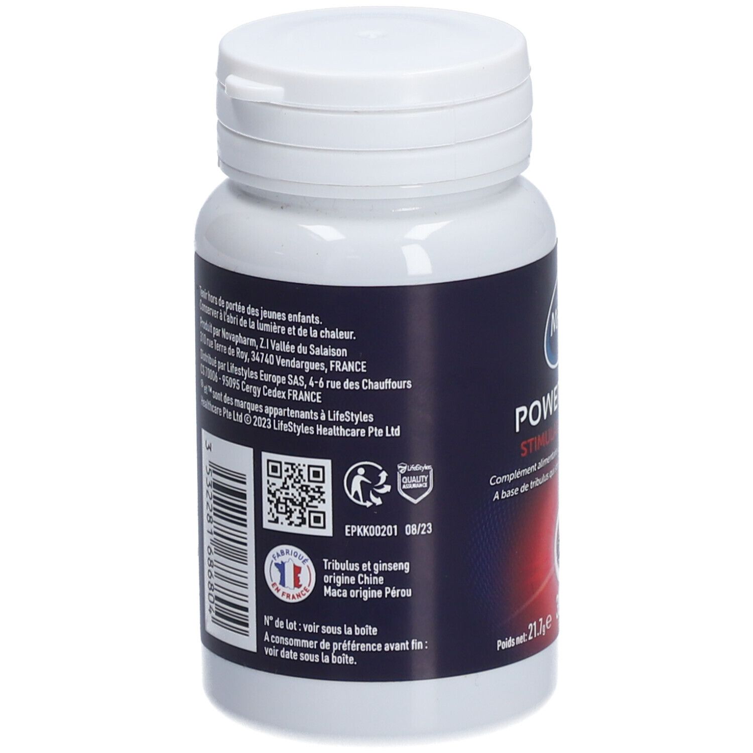 Dos du flacon blanc MANIX POWER BOOST. Contient informations, code QR, label qualité et numéro de lot.