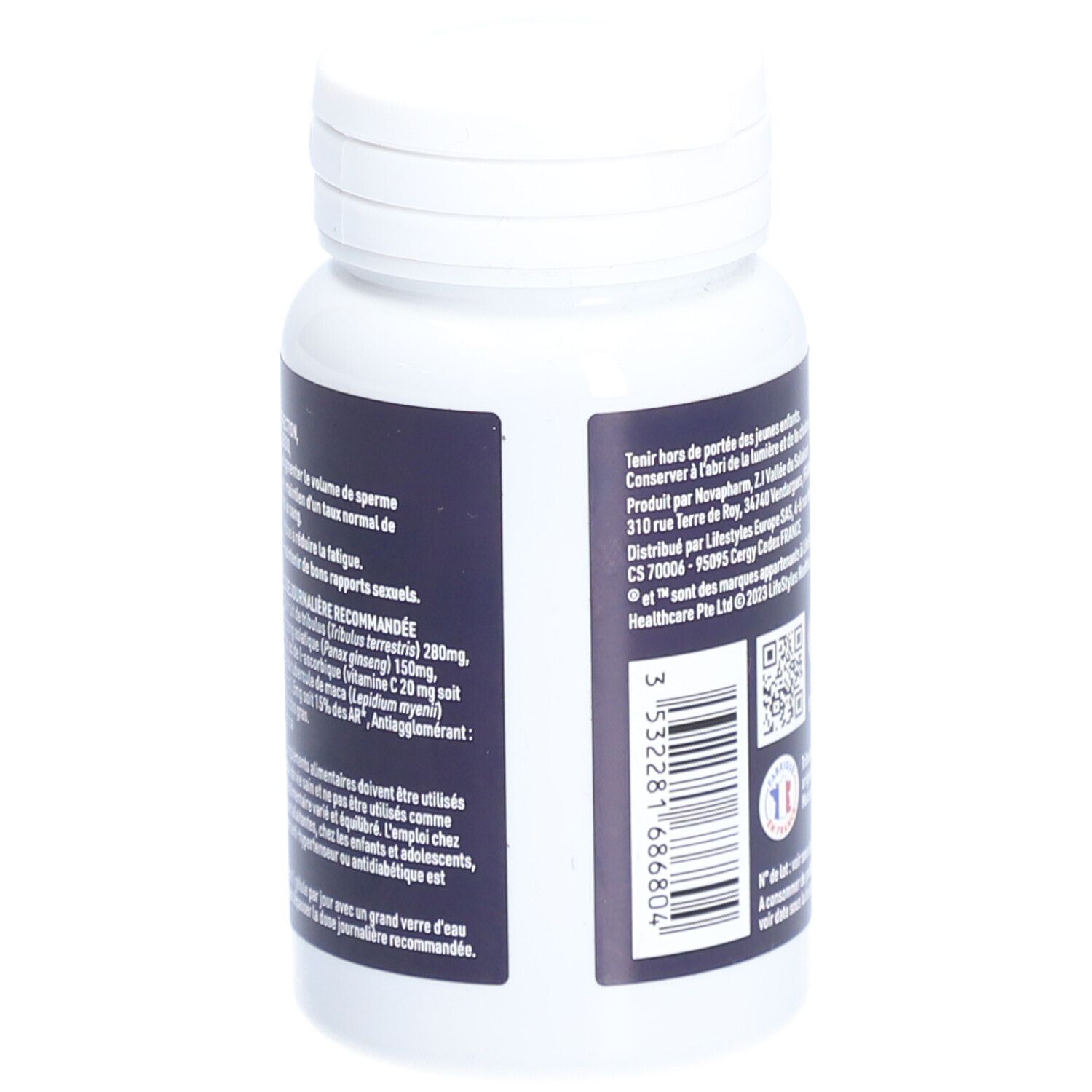 Dos du flacon blanc MANIX POWER BOOST. Contient informations sur les ingrédients et recommandations de dosage.