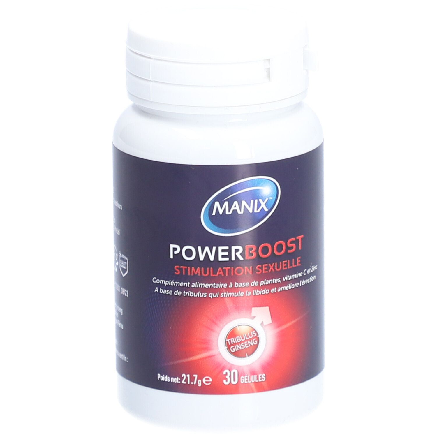 Flacon blanc MANIX POWER BOOST. Inscription: STIMULATION SEXUELLE. 30 gélules. Contient Tribulus et Ginseng.