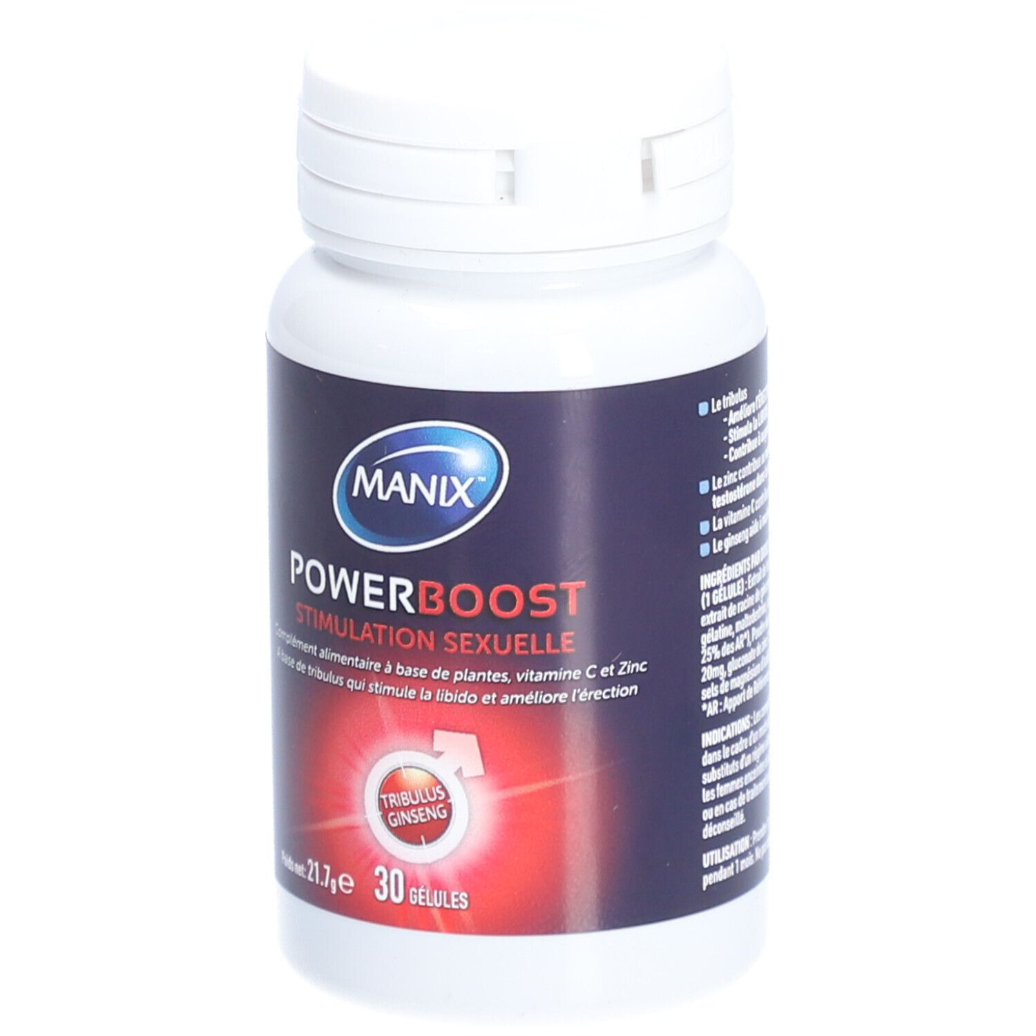 Flacon blanc MANIX POWER BOOST. Inscription: STIMULATION SEXUELLE. 30 gélules. Contient Tribulus, Ginseng, vitamine C et zinc.