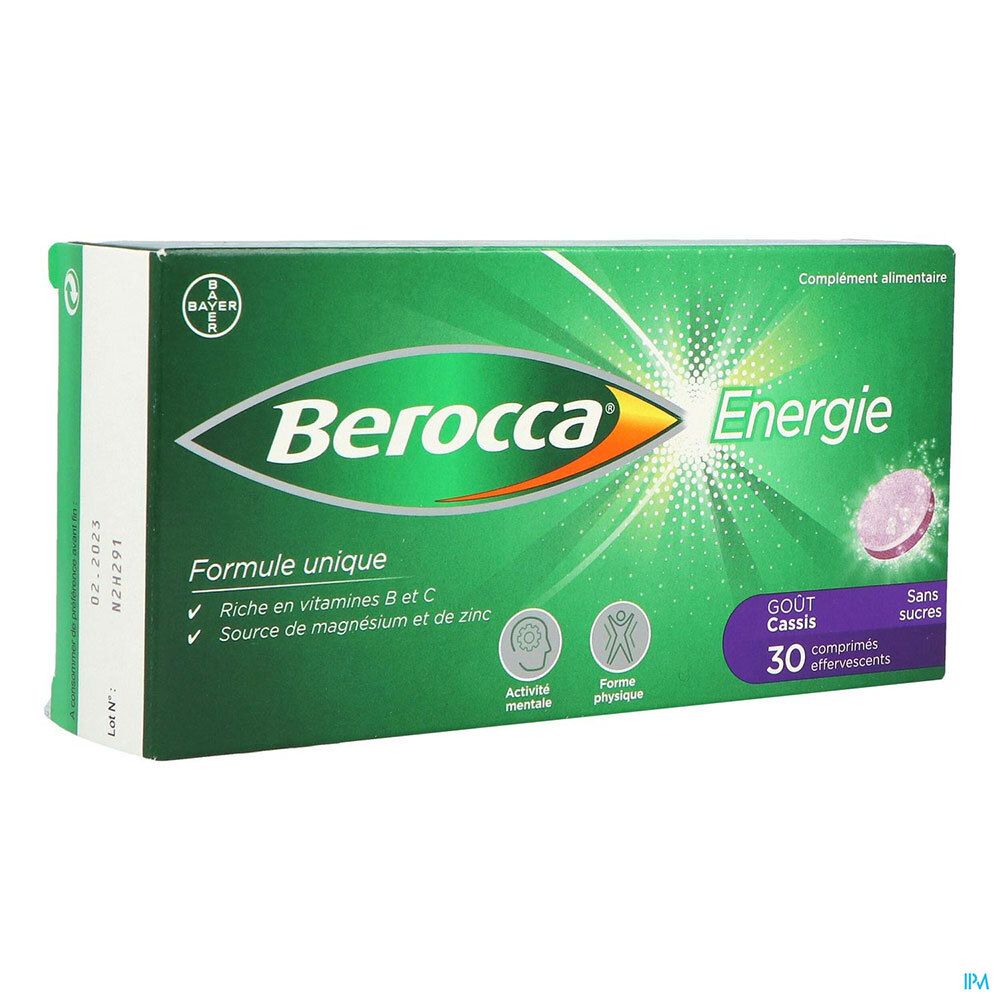 Boîte verte Berocca Energie. Contient 30 comprimés effervescents. Goût cassis, sans sucres. Logo Bayer.