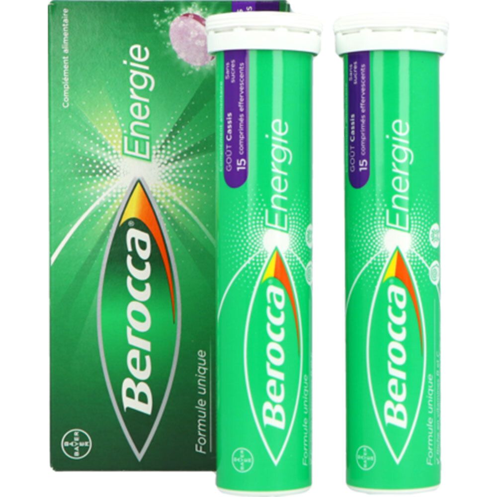 Boîte Berocca Energie et deux tubes verts de comprimés effervescents. Chaque tube contient 15 comprimés. Goût cassis.