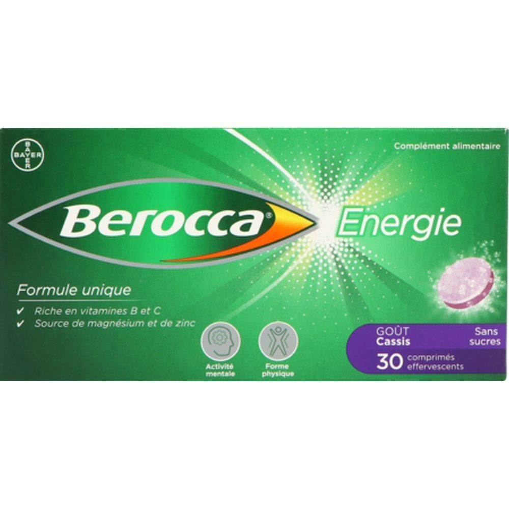 Boîte verte Berocca Energie. Contient 30 comprimés effervescents. Goût cassis, sans sucres. Logo Bayer.
