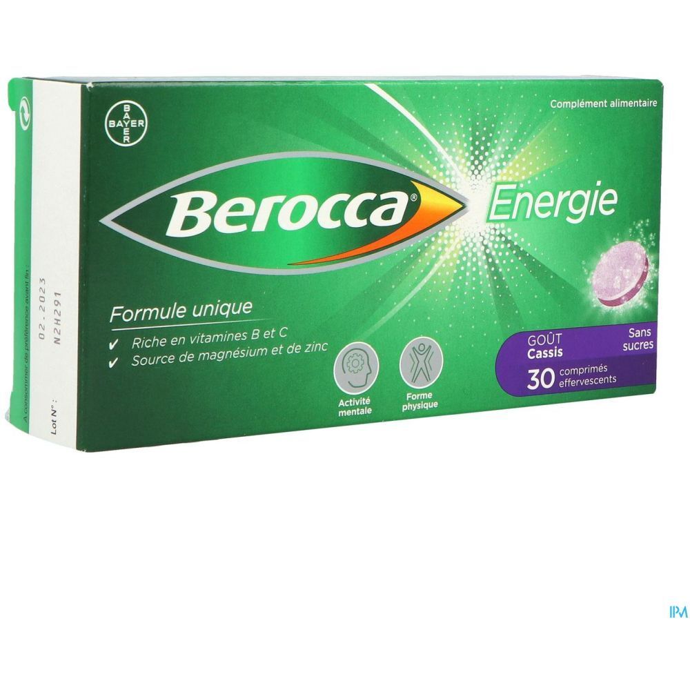Boîte verte Berocca Energie. Contient 30 comprimés effervescents. Goût cassis, sans sucres. Logo Bayer.