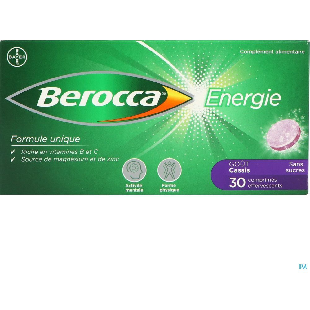 Boîte verte Berocca Energie. Contient 30 comprimés effervescents. Goût cassis, sans sucres. Logo Bayer.