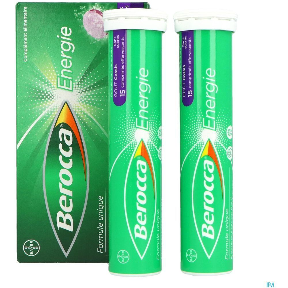Boîte Berocca Energie et deux tubes verts de comprimés effervescents. Chaque tube contient 15 comprimés. Goût cassis.