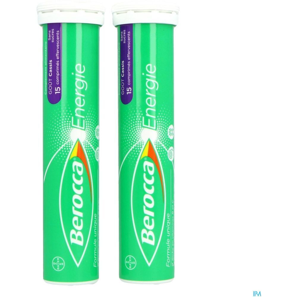 Deux tubes verts de comprimés effervescents Berocca Energie. Chaque tube contient 15 comprimés. Goût cassis.