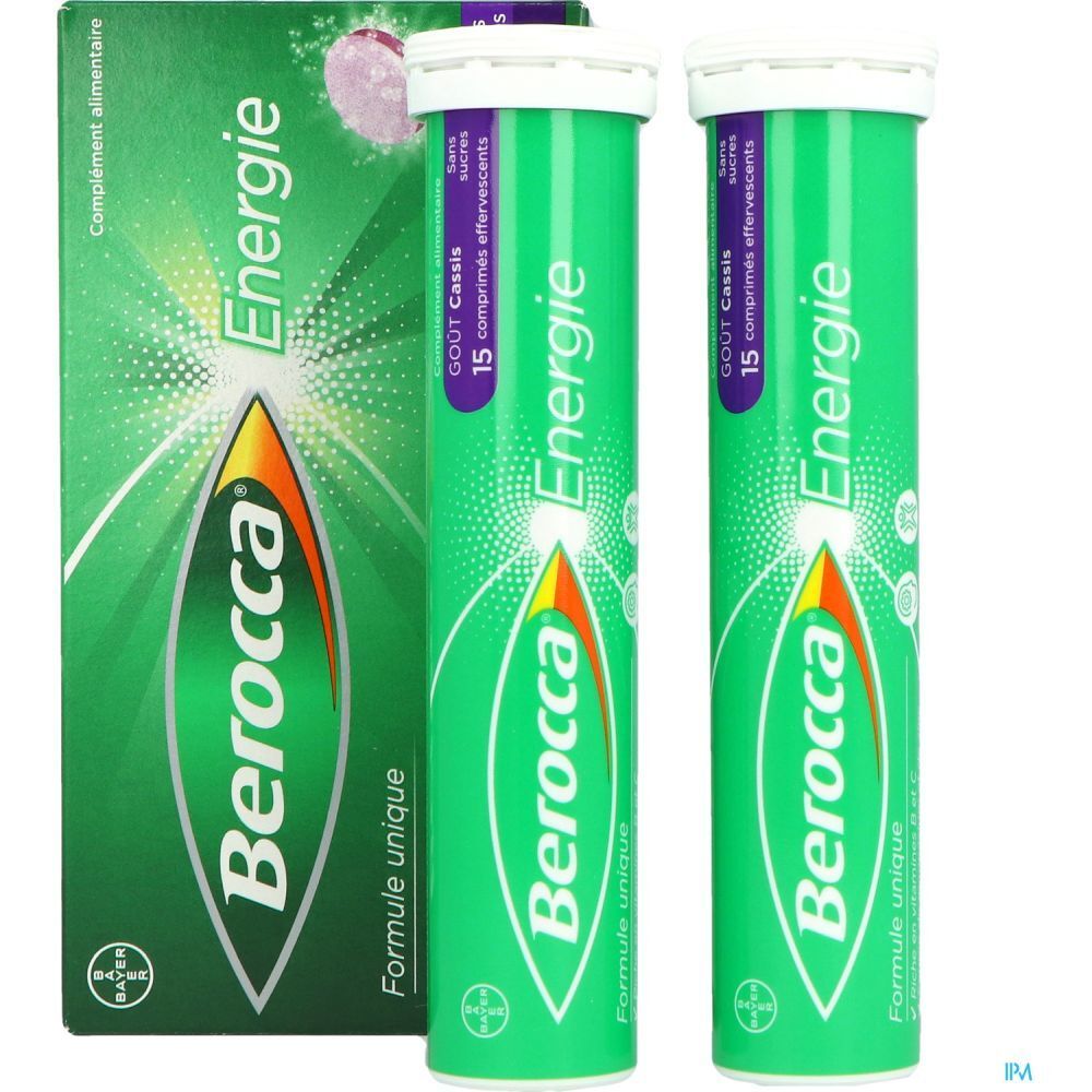 Boîte Berocca Energie et deux tubes verts de comprimés effervescents. Chaque tube contient 15 comprimés. Goût cassis.