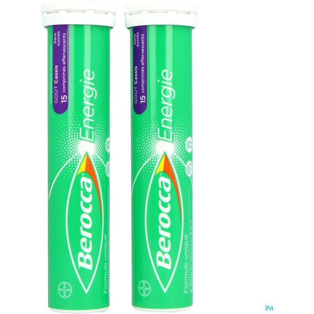 Deux tubes verts de comprimés effervescents Berocca Energie. Chaque tube contient 15 comprimés. Goût cassis.