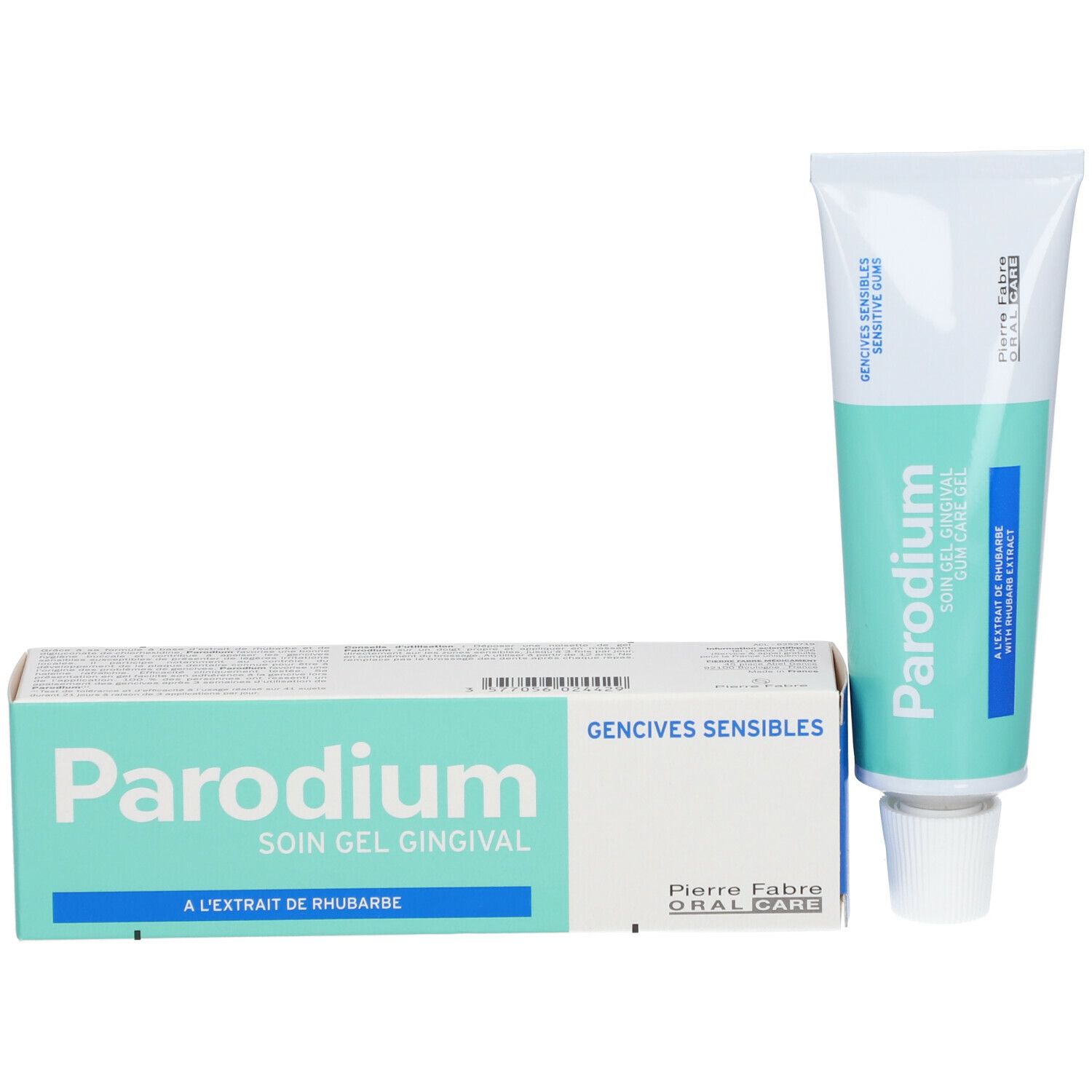 Tube et boîte de gel gingival. Design turquoise et blanc. Nom du produit et texte visibles.