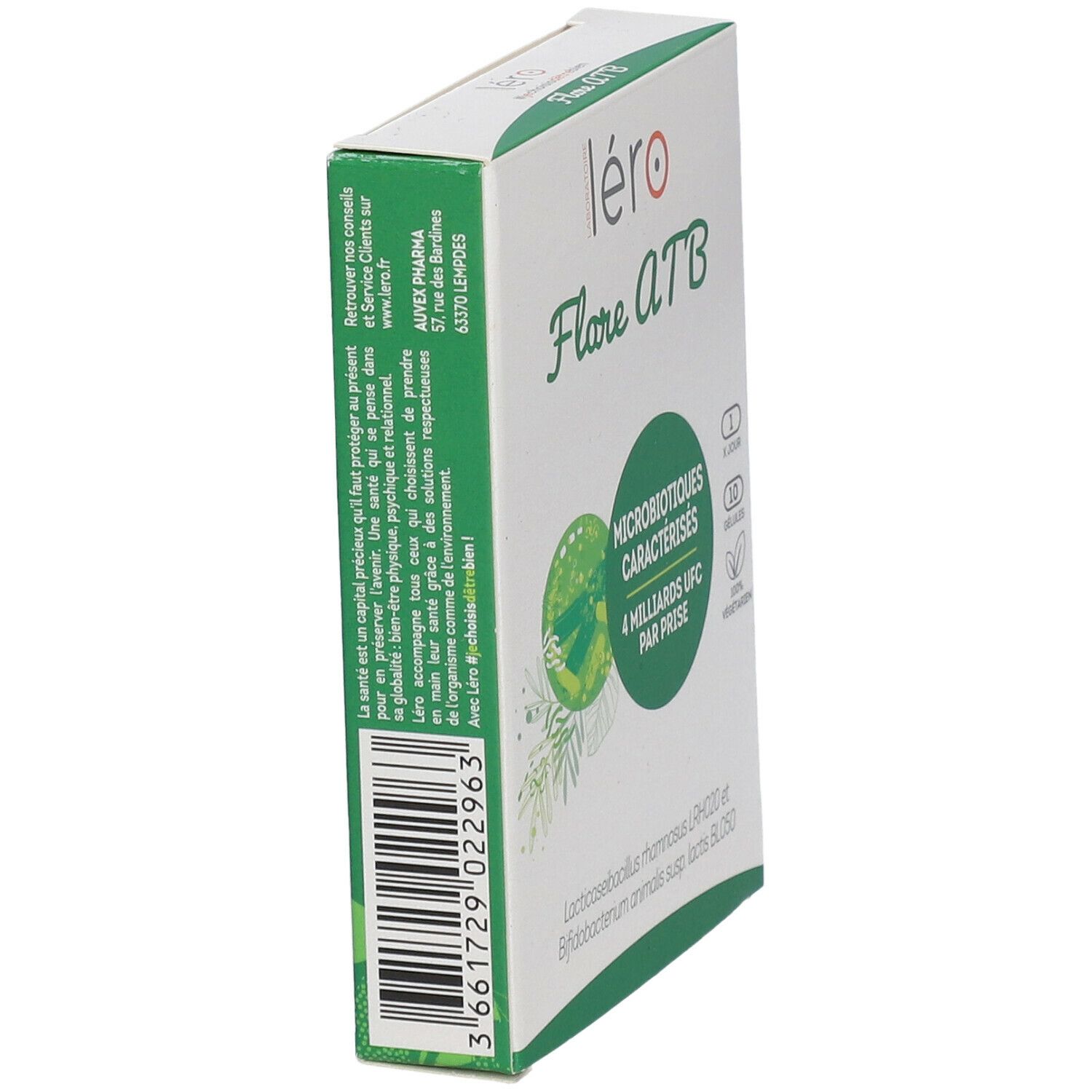 Vue oblique de l'emballage "Léro Flore ATB". Boîte verte et blanche, code-barres et logo.