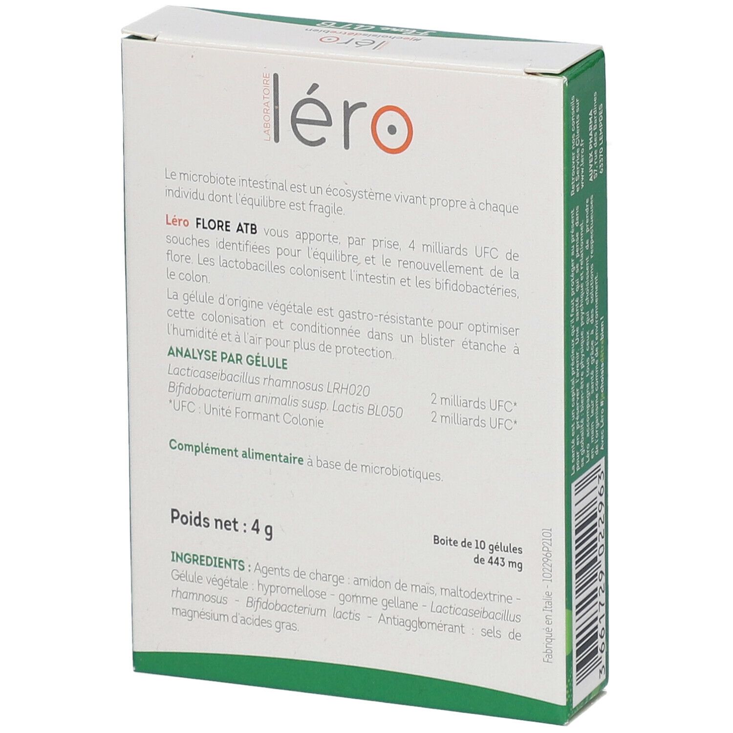 Dos de l'emballage "Léro Flore ATB". Informations textuelles, ingrédients et logo.