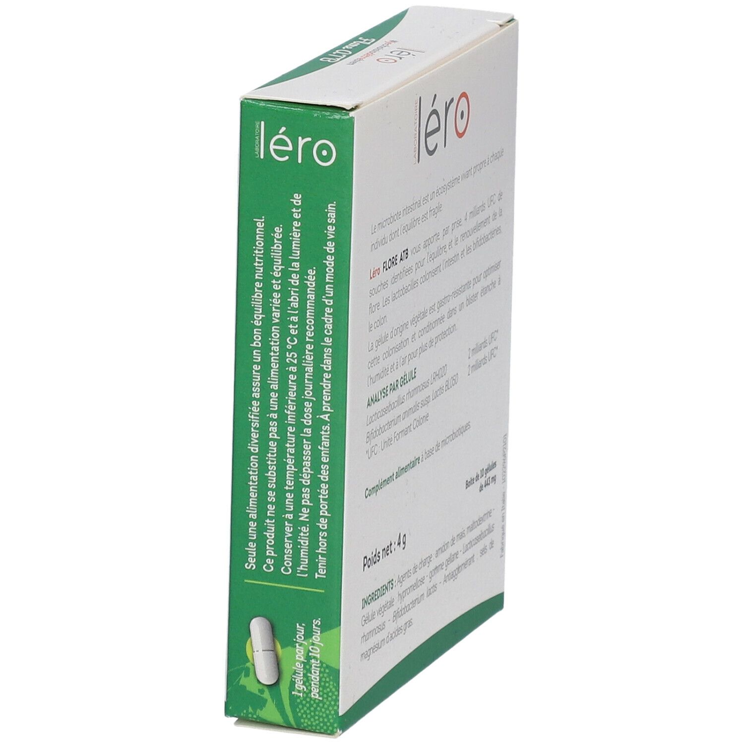Vue latérale de l'emballage "Léro Flore ATB". Texte, illustration de gélule et logo.