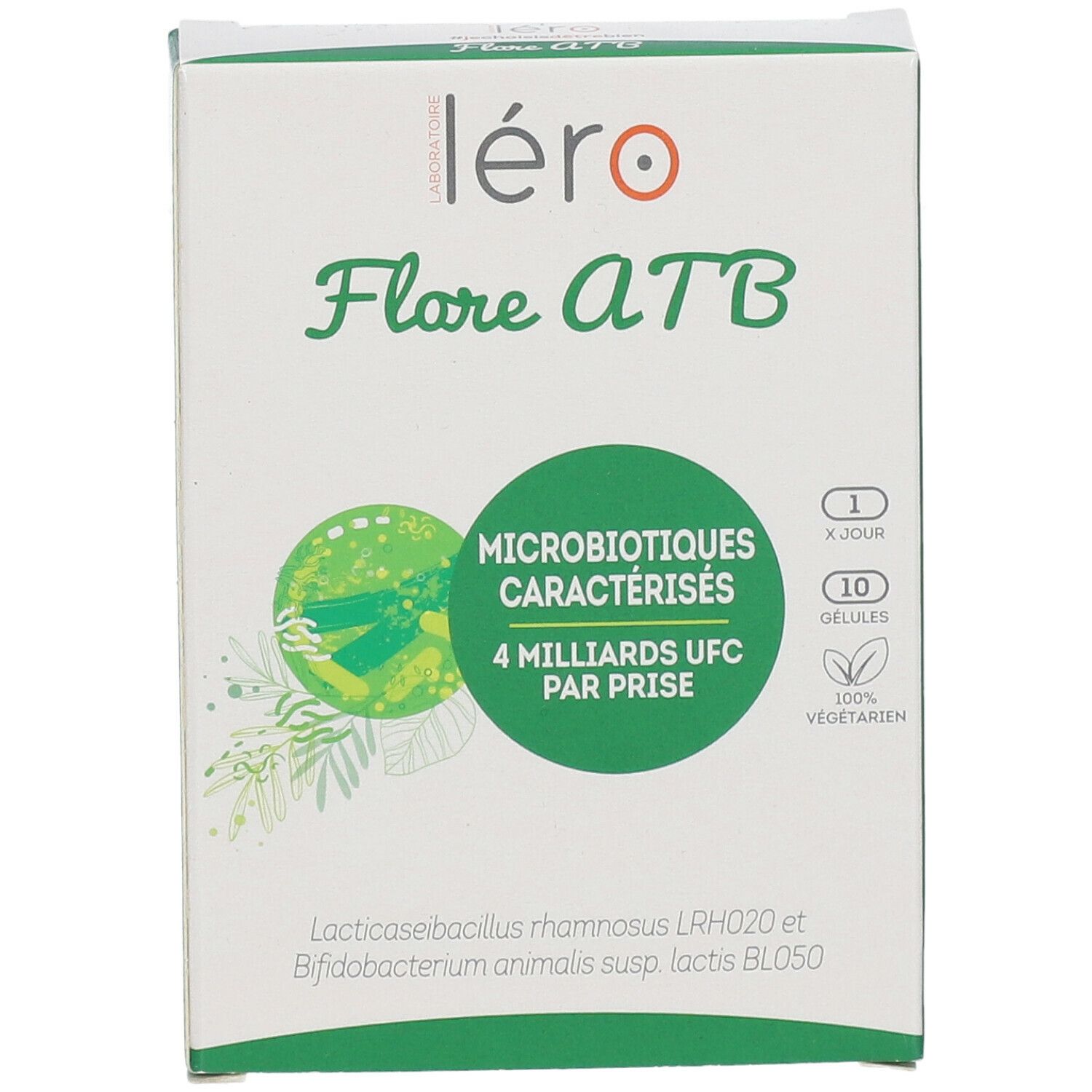 Vue de face de l'emballage "Léro Flore ATB". Boîte verte et blanche avec informations.