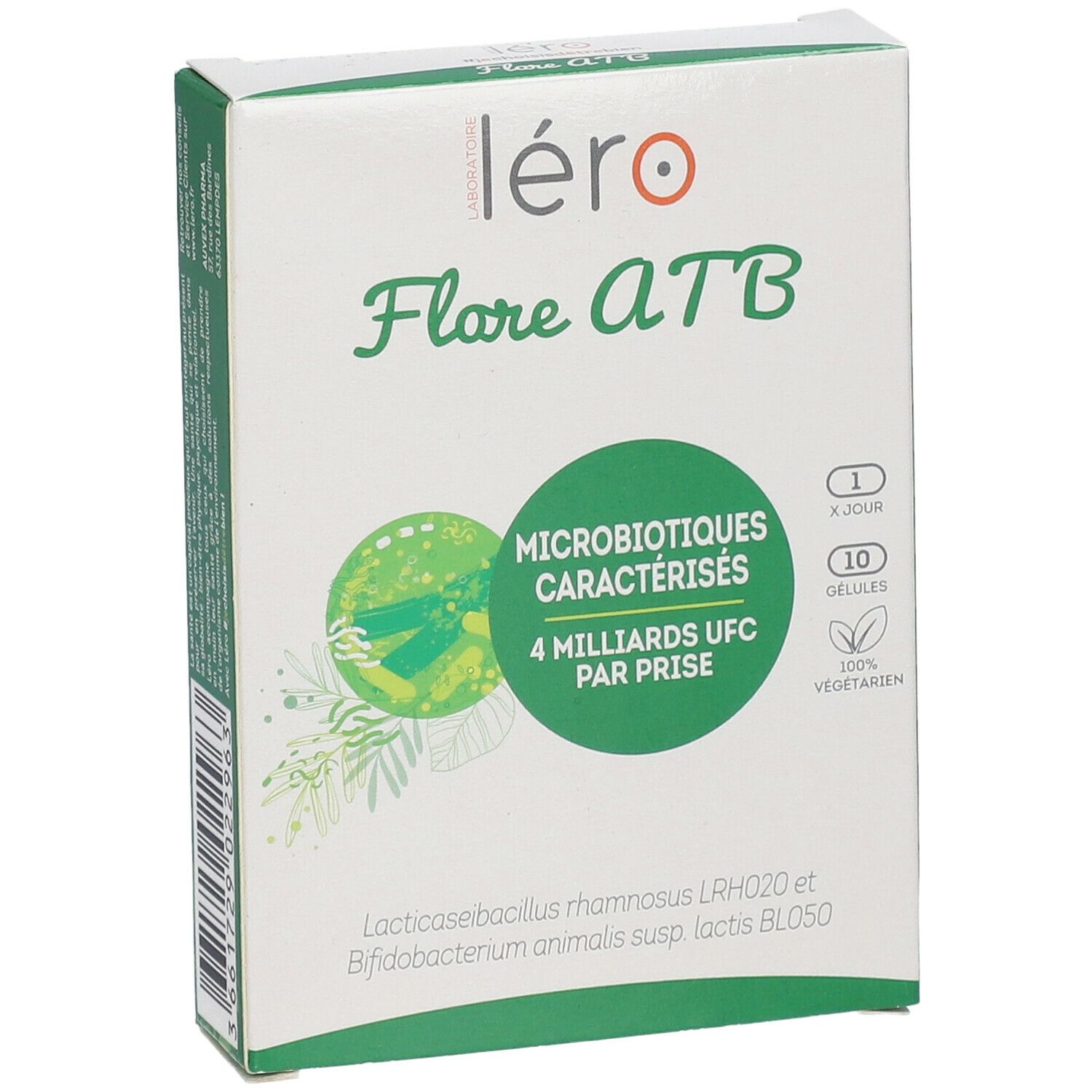 Vue de face de l'emballage "Léro Flore ATB". Boîte verte et blanche avec informations.