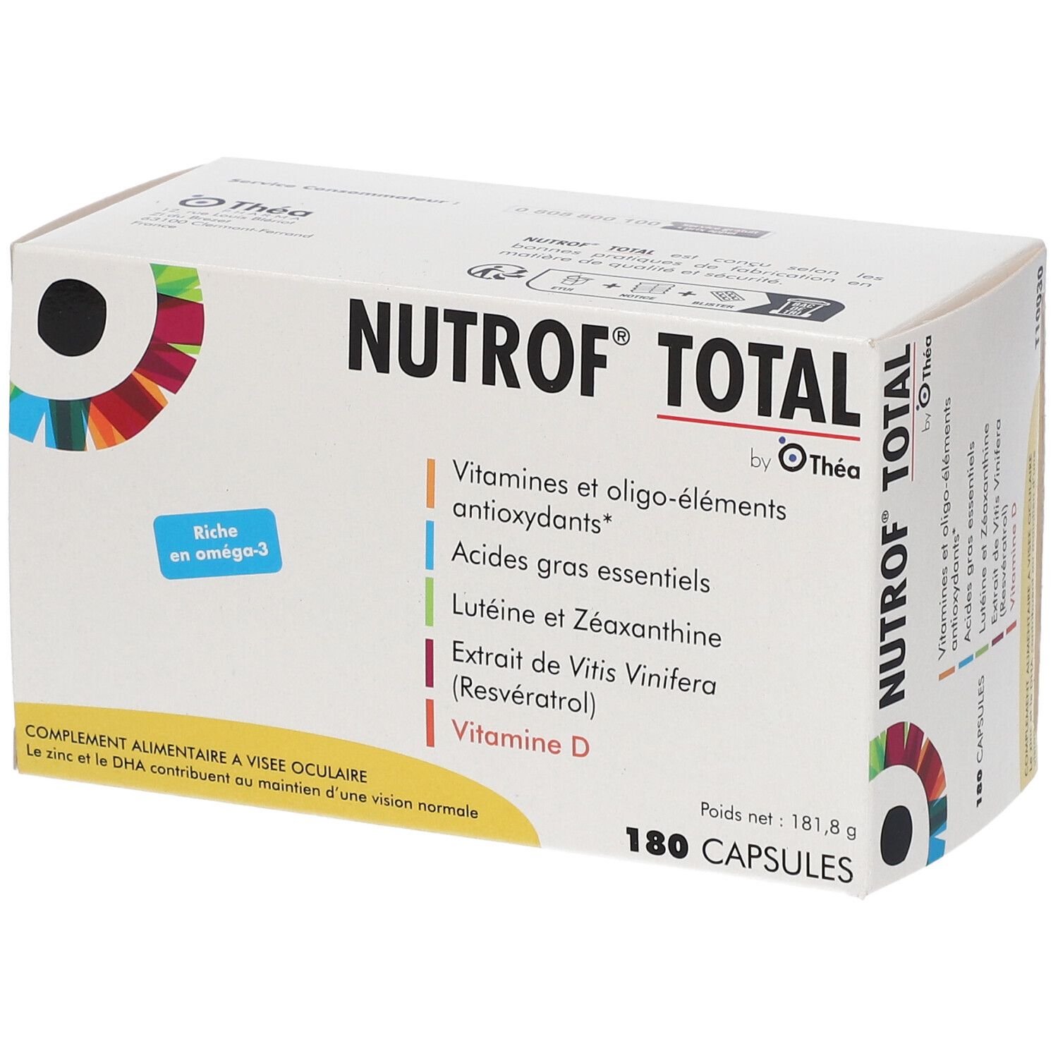 Boîte blanche "Nutrof Total" avec 180 capsules. Ingrédients : vitamines, antioxydants, oméga-3, lutéine, zinc, vitamine D. Marque Théa.