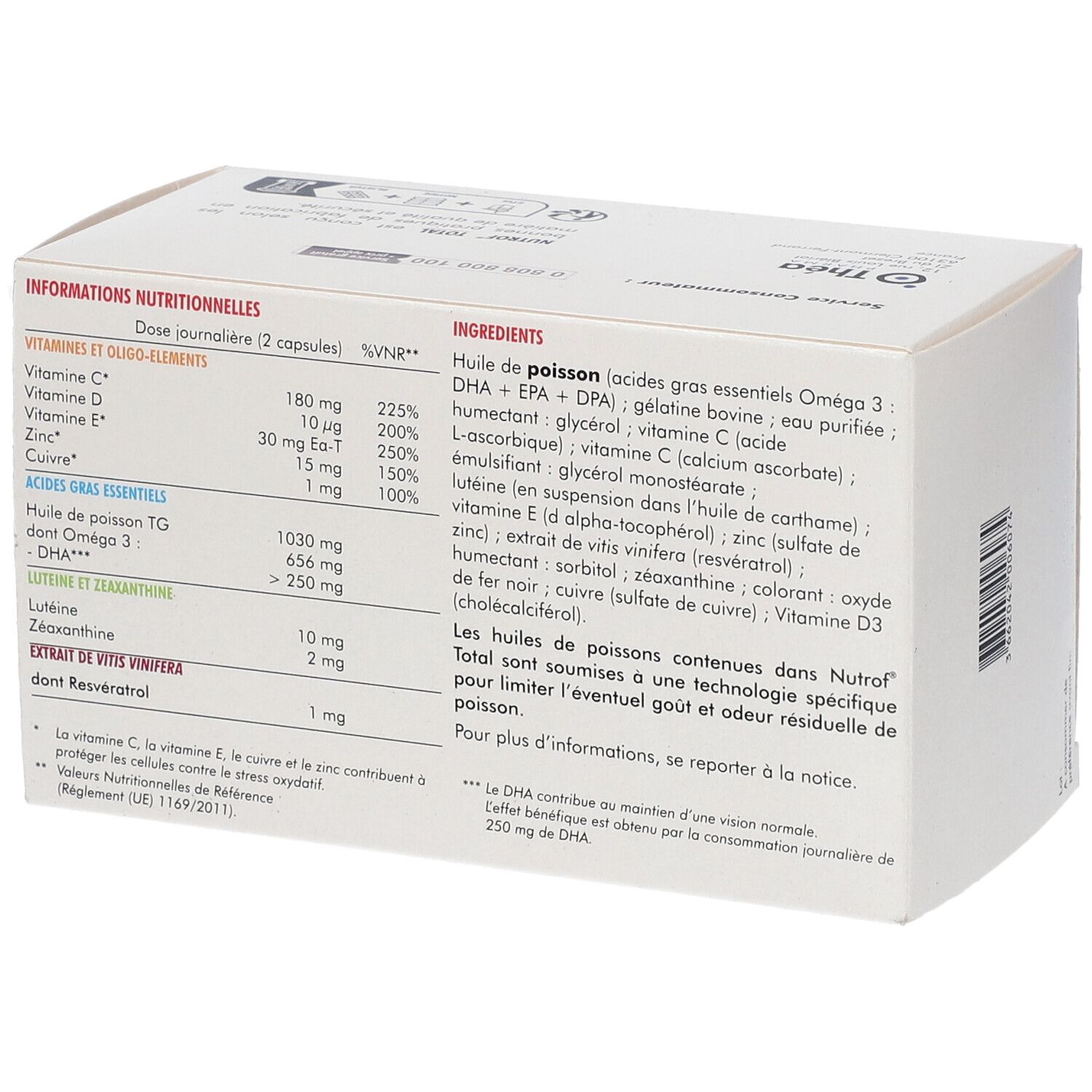 Dos de la boîte "Nutrof Total". Informations nutritionnelles et ingrédients. Contient oméga-3, vitamine D, lutéine, zinc et autres ingrédients.