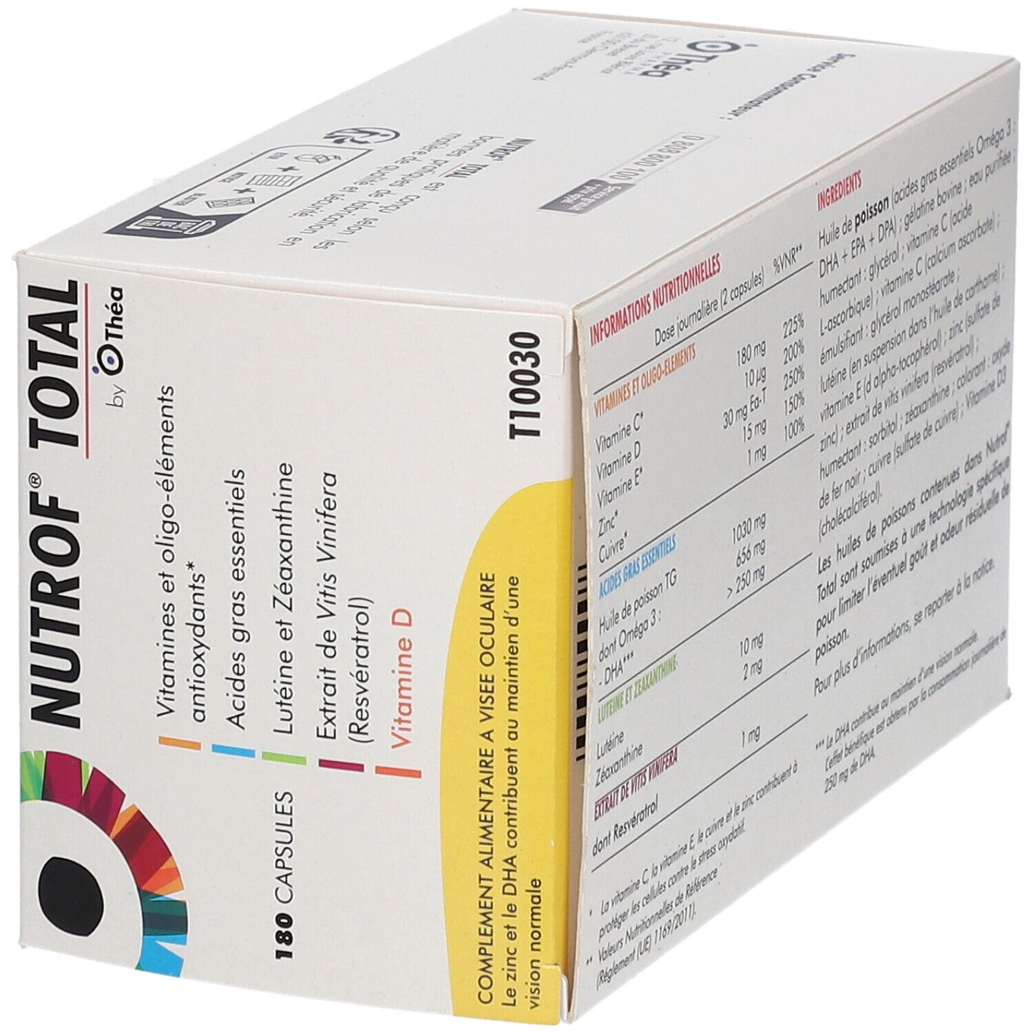 Boîte "Nutrof Total" avec 180 capsules. Ingrédients : vitamines, antioxydants, oméga-3, lutéine, zinc, vitamine D. Marque Théa. Bande jaune.