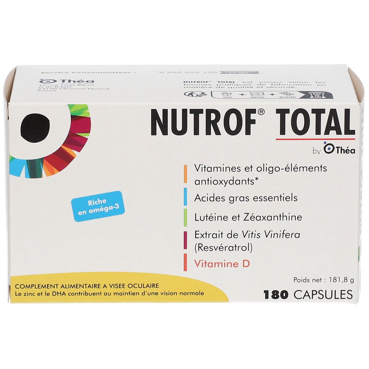 Boîte blanche "Nutrof Total" avec 180 capsules. Ingrédients : vitamines, antioxydants, oméga-3, lutéine, zinc, vitamine D. Marque Théa.