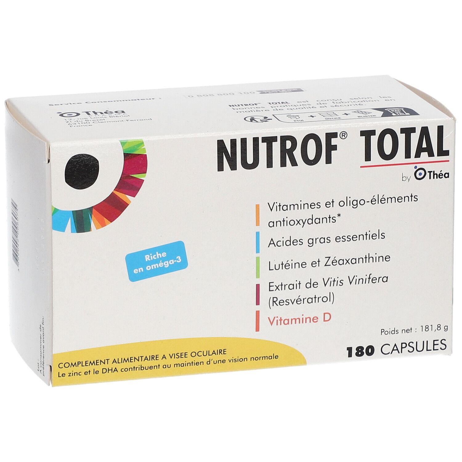 Boîte blanche "Nutrof Total" avec 180 capsules. Ingrédients : vitamines, antioxydants, oméga-3, lutéine, zinc, vitamine D. Marque Théa.