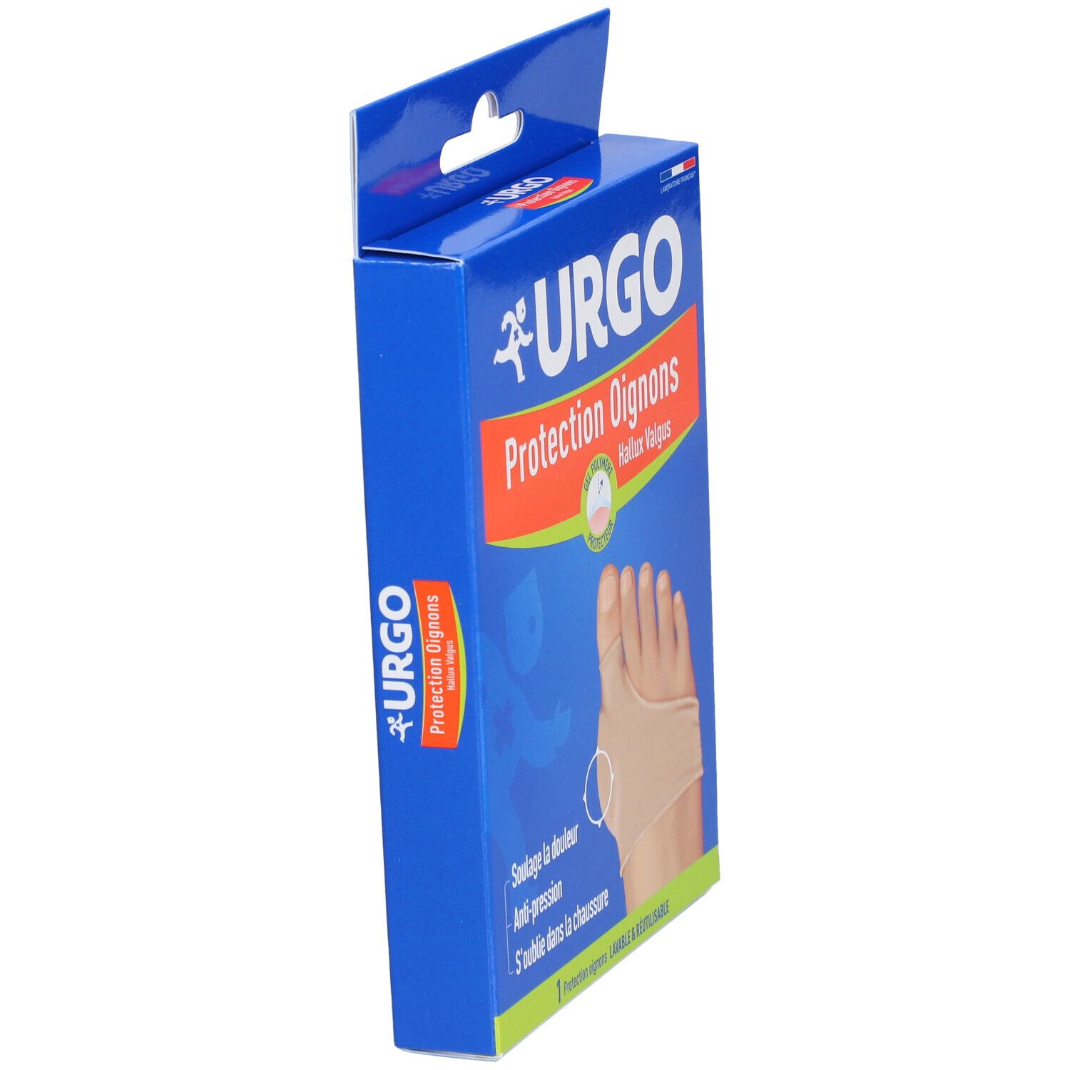 Boîte bleue Urgo Protection Oignons, vue latérale. Image : pied avec bandage. Texte : Soullage la douleur, Anti-pression, S'oublie dans la chaussure.