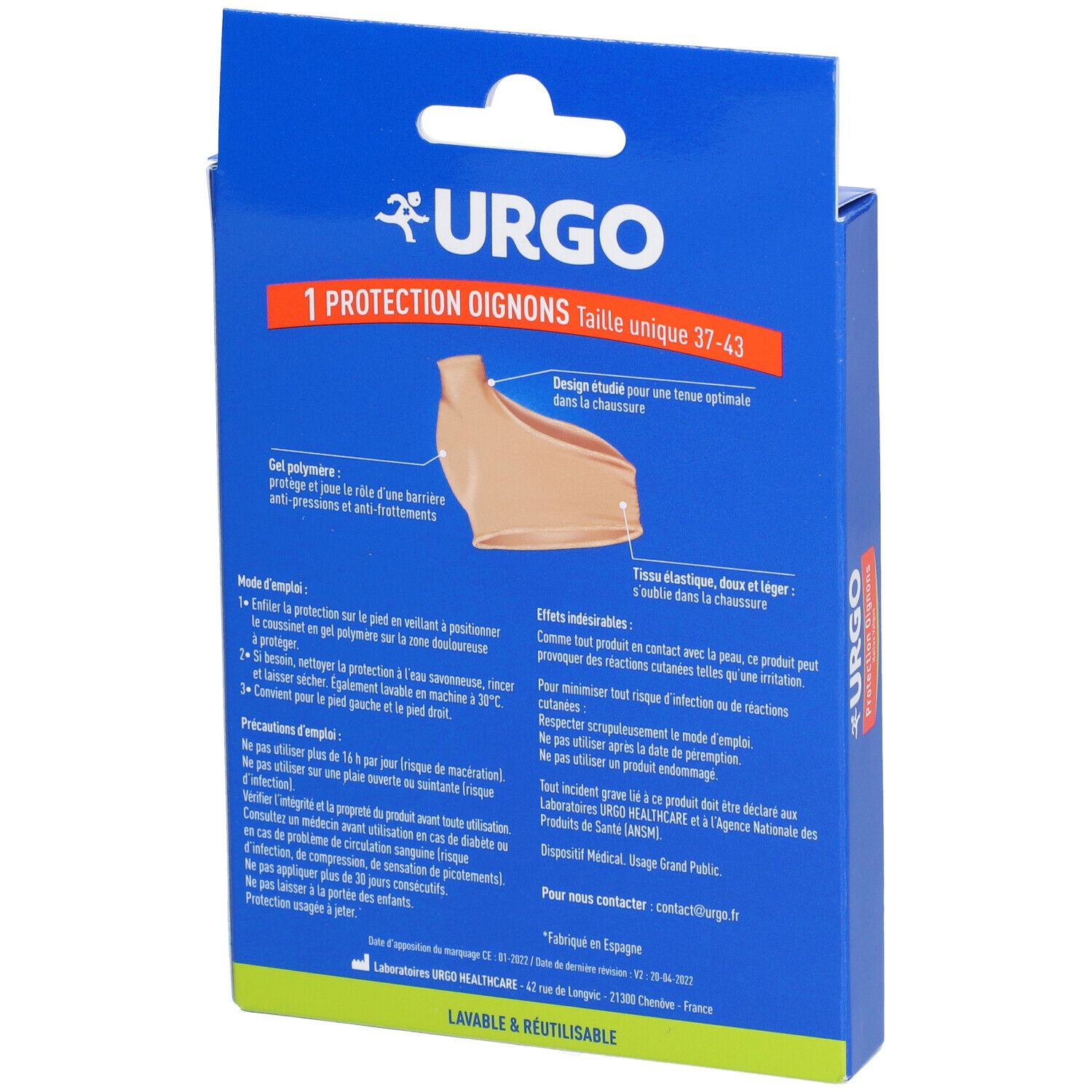 Dos de la boîte Urgo Protection Oignons. Texte : 1 Protection Oignons, taille 37-43. Image : bandage. Mode d'emploi.