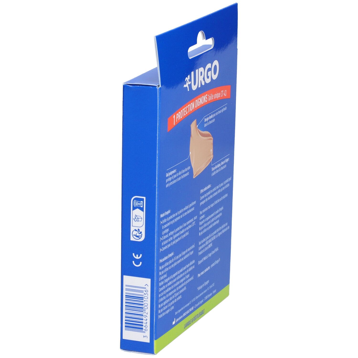 Vue latérale de la boîte Urgo Protection Oignons. Texte : 1 Protection Oignons. Image : bandage. Informations et logos.