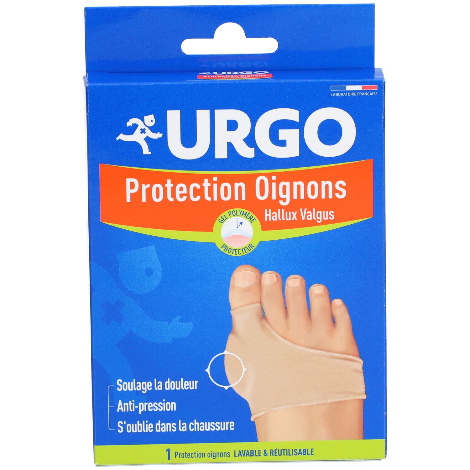 Boîte Urgo Protection Oignons. Image : pied avec bandage Hallux Valgus. Texte : Soullage la douleur, Anti-pression, S'oublie dans la chaussure.
