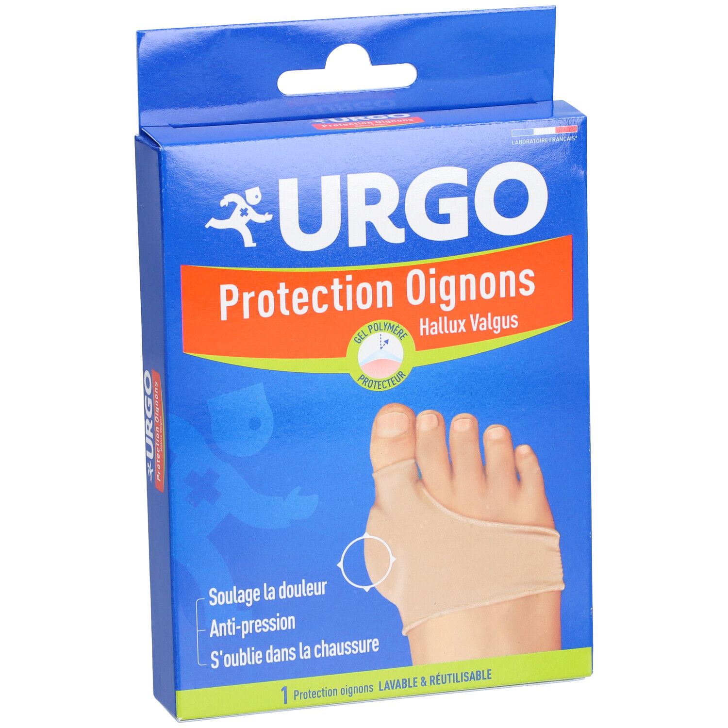 Boîte Urgo Protection Oignons. Image : pied avec bandage Hallux Valgus. Texte : Soullage la douleur, Anti-pression, S'oublie dans la chaussure.