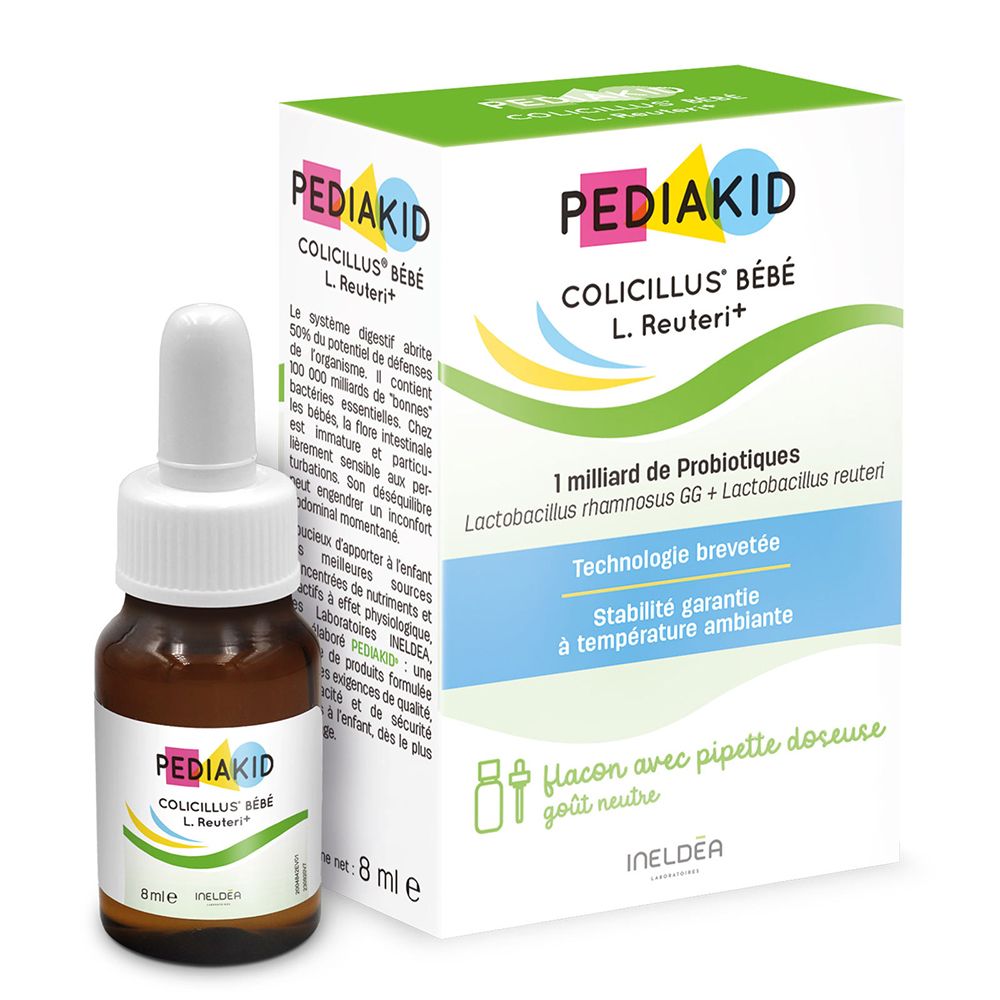 Braune Flasche und Verpackung von Pediakid Colicillus Bébé. Enthält eine Pipette. Aufschrift: 1 Milliarde Probiotika.