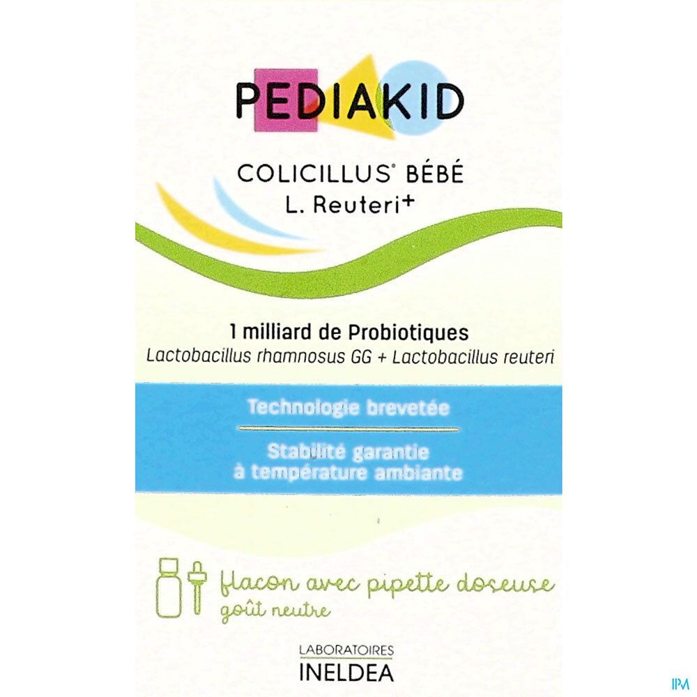 Verpackung von Pediakid Colicillus Bébé. Blaue und grüne Elemente. Aufschrift: 1 Milliarde Probiotika, Pipette.